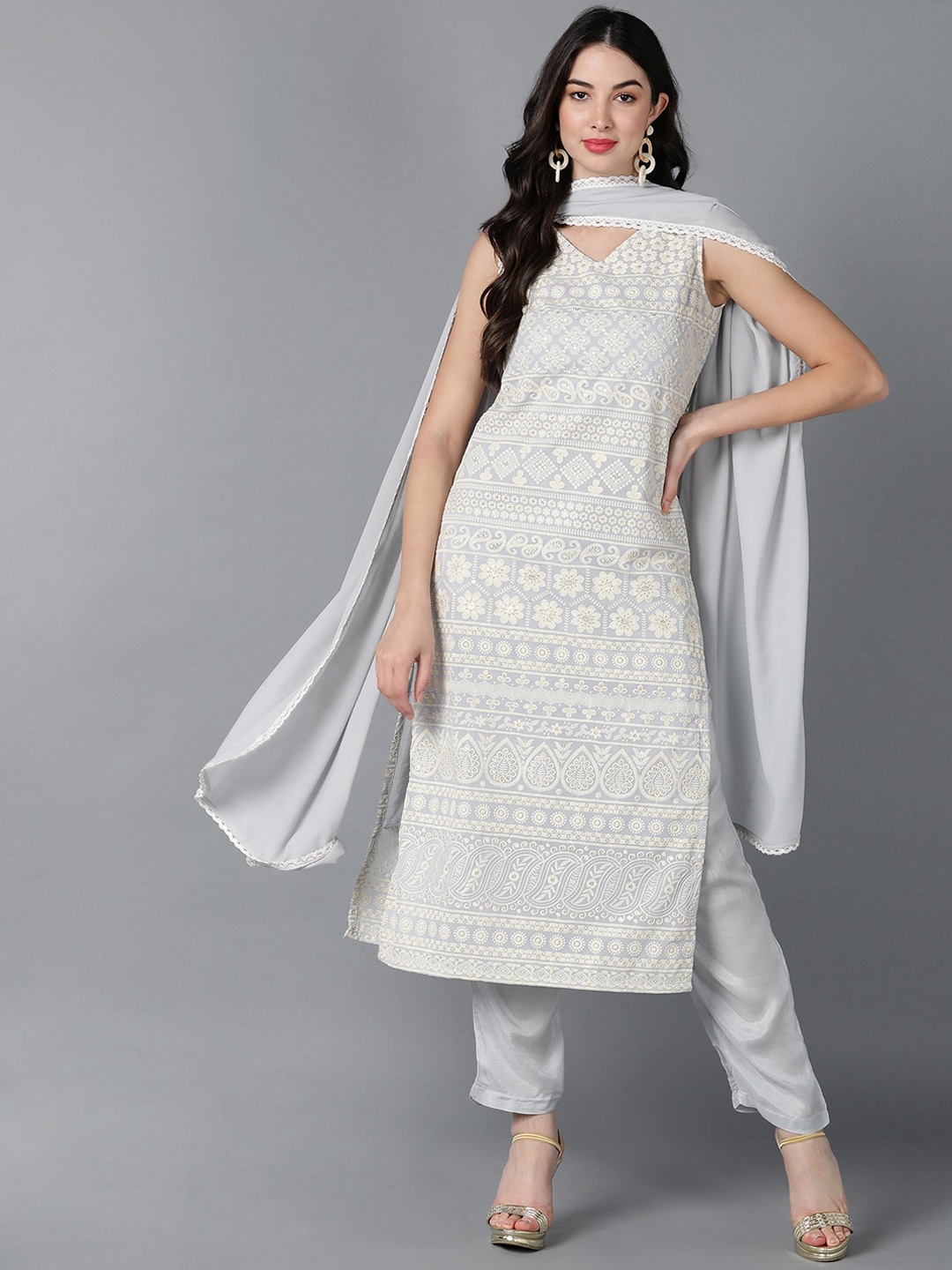 

AHIKA Women Grey Embroidered Layered Kurta with Trousers & With Dupatta