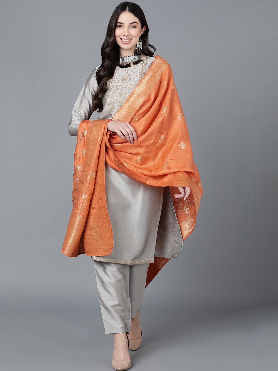 

AHIKA Women Grey Embroidered Panelled Kurta with Trousers & With Dupatta
