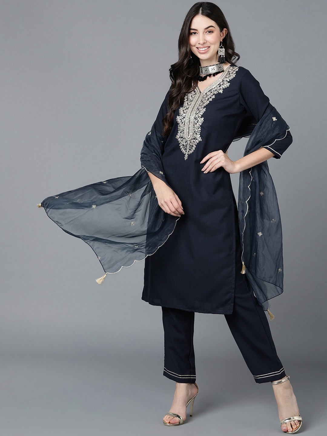 

AHIKA Women Blue Floral Embroidered Layered Kurti With Trousers & Dupatta