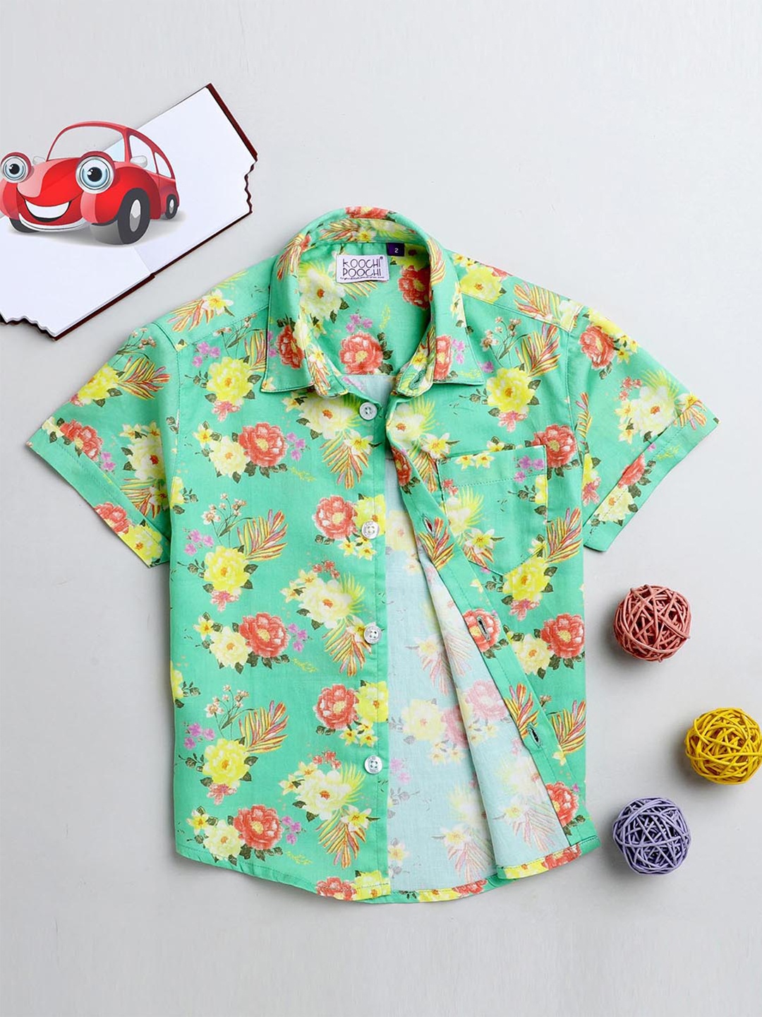 

KOOCHI POOCHI Boys Green Standard Floral Printed Pure Cotton Casual Shirt