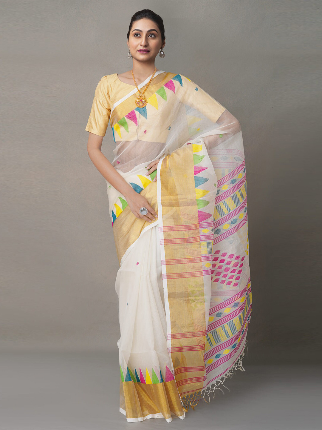 

Unnati Silks Cream-Coloured & Green Woven Design Zari Silk Cotton Jamdani Saree