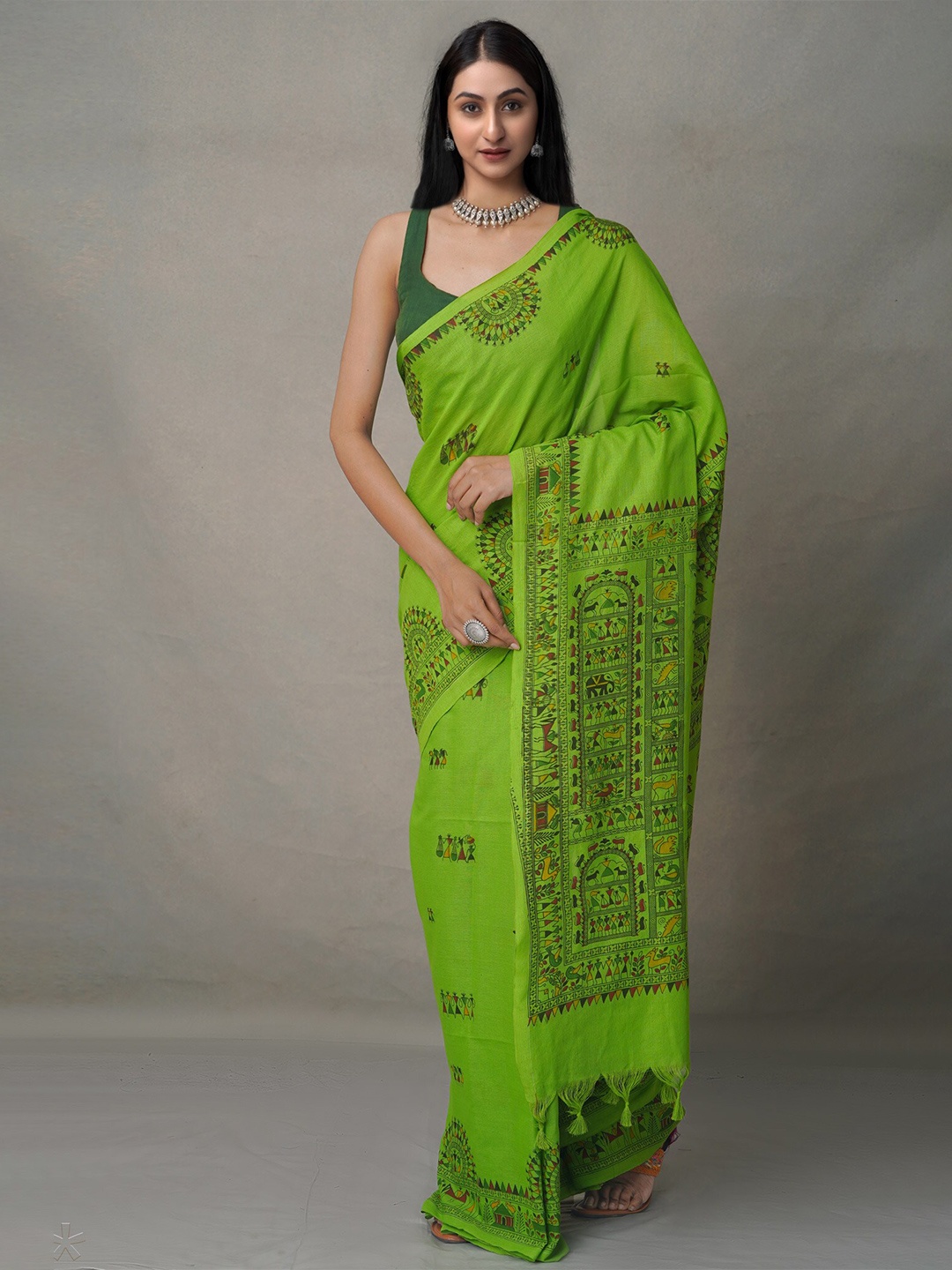 

Unnati Silks Green Warli Pure Linen Jamdani Saree