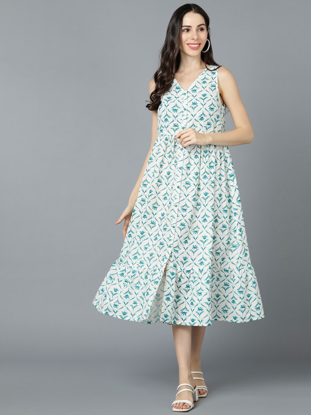

AHIKA White Floral A-Line Midi Dress