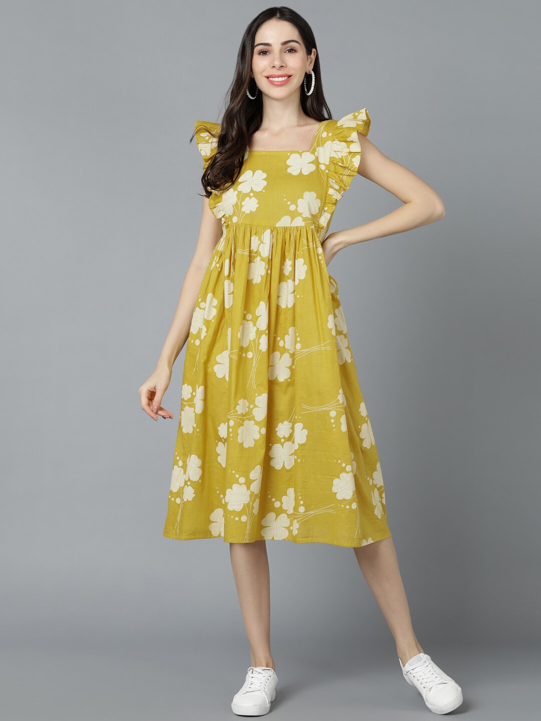 

AHIKA Mustard Yellow Floral Printed Midi Dress