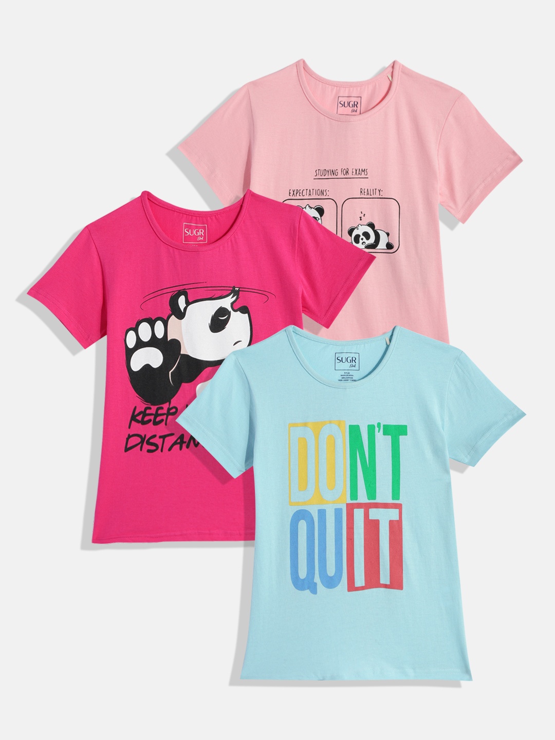 

SUGR Girl Pack of 3 Printed Pure Cotton T-shirts, Pink