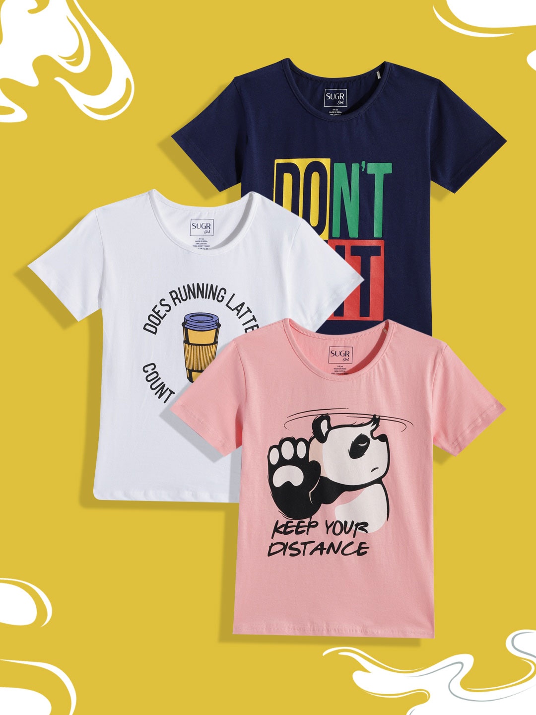 

SUGR Girl Pack of 3 Printed Pure Cotton T-shirts, Pink
