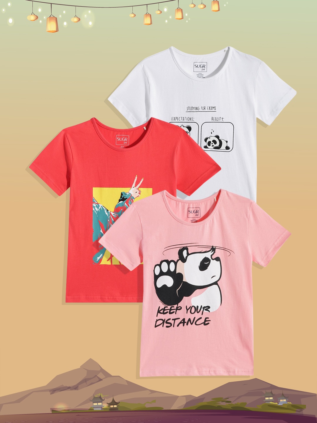 

SUGR Girl Pack of 3 Printed Pure Cotton T-shirts, White