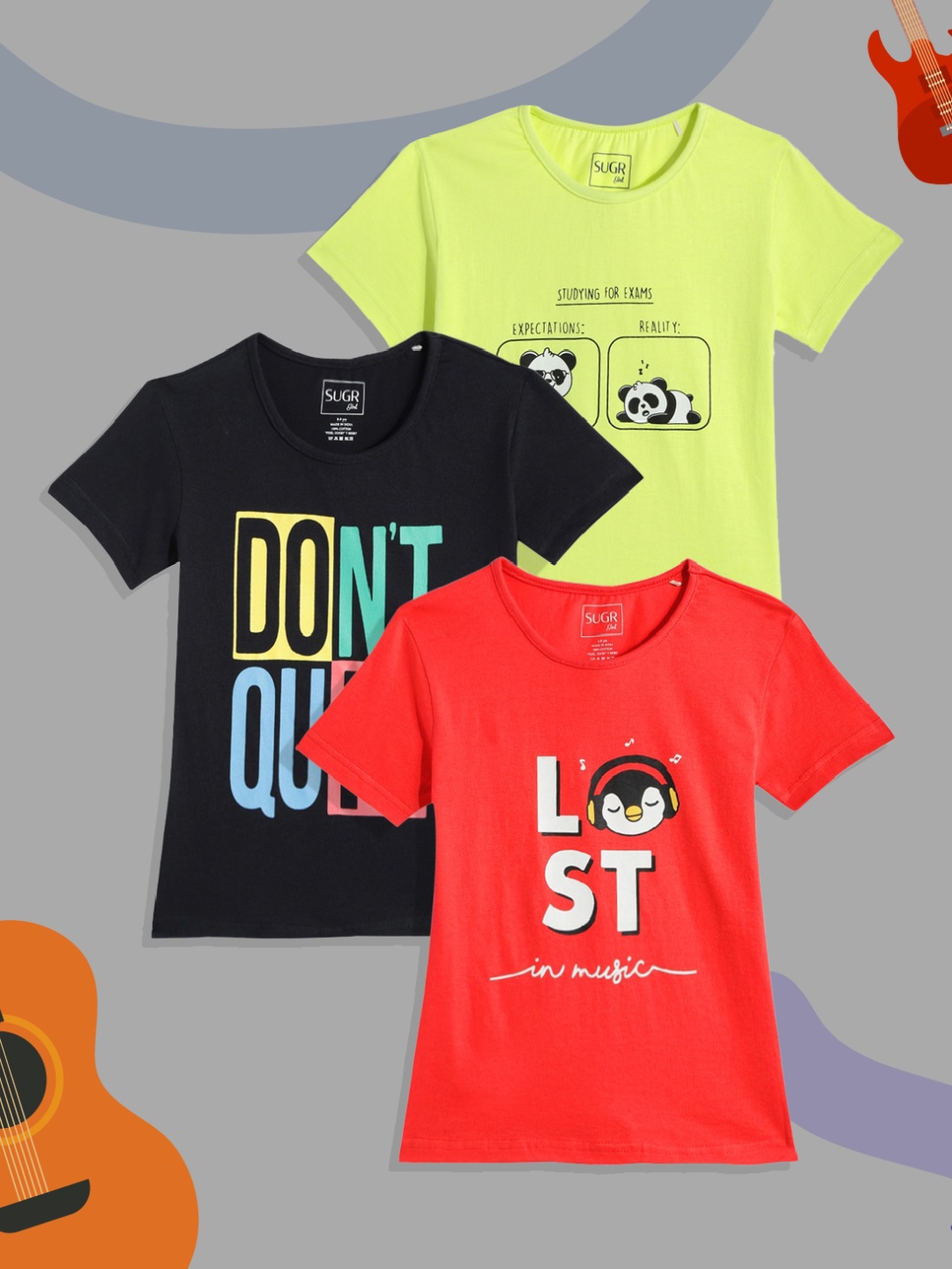 

SUGR Girl Pack of 3 Printed Pure Cotton T-shirts, Black