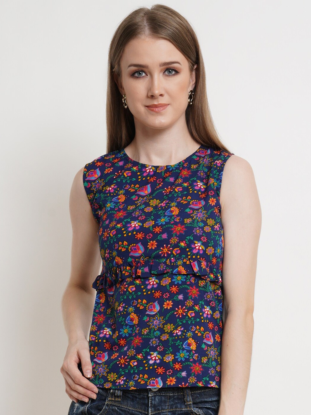 

Popwings Blue Floral Print Top Front Sleeveless Design