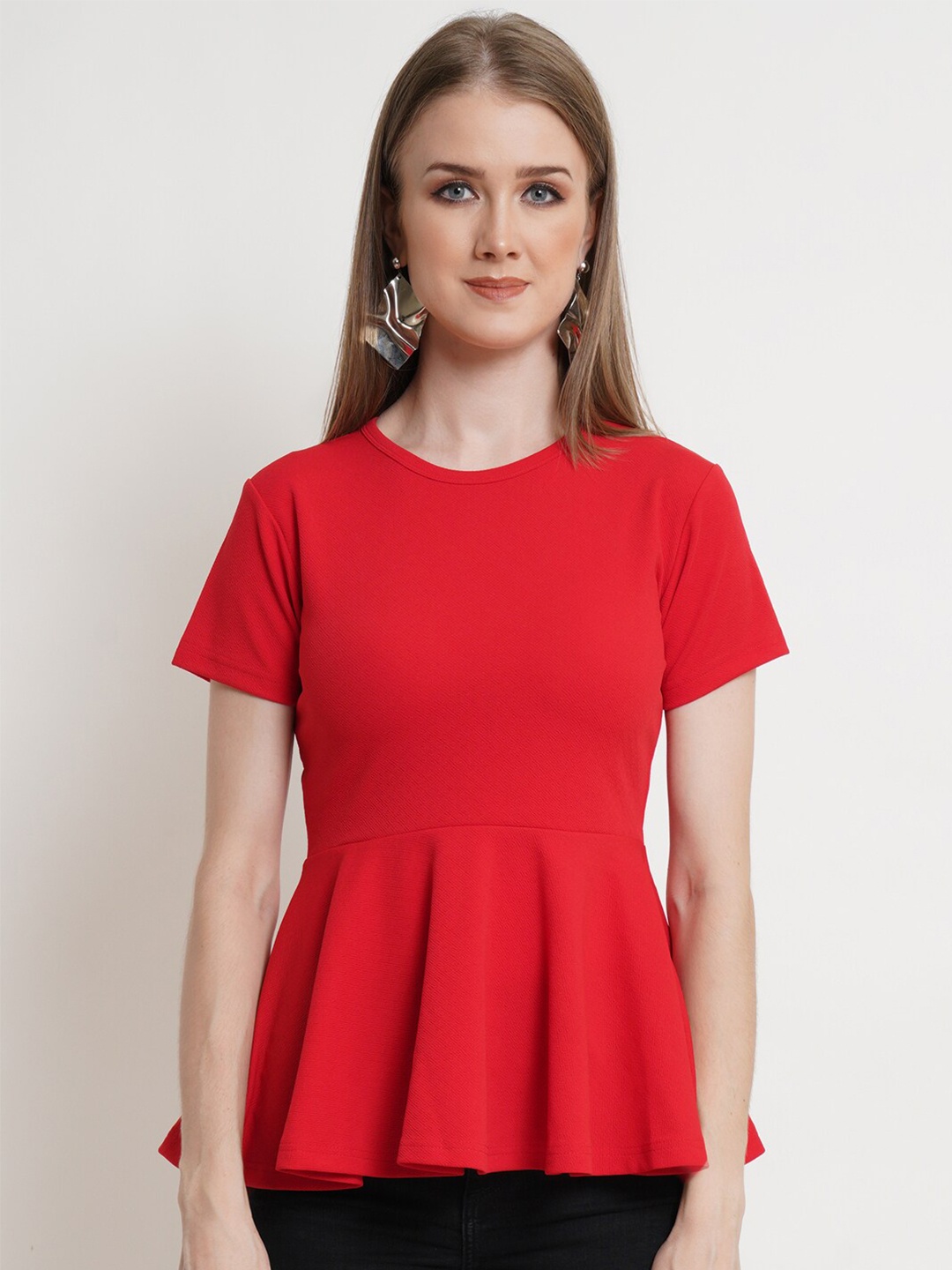 

Popwings Women Red Solid Peplum Top