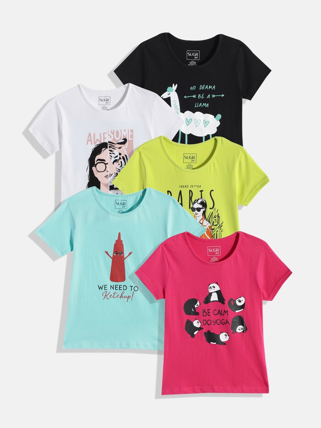 

SUGR Girl Pack of 5 Assorted Printed Pure Cotton T-shirts