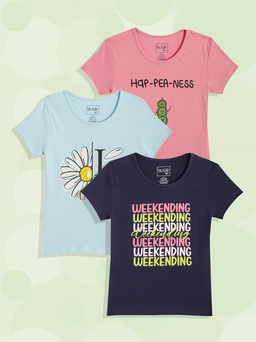 

SUGR Girl Assorted Pack of 3 Printed Pure Cotton T-shirts