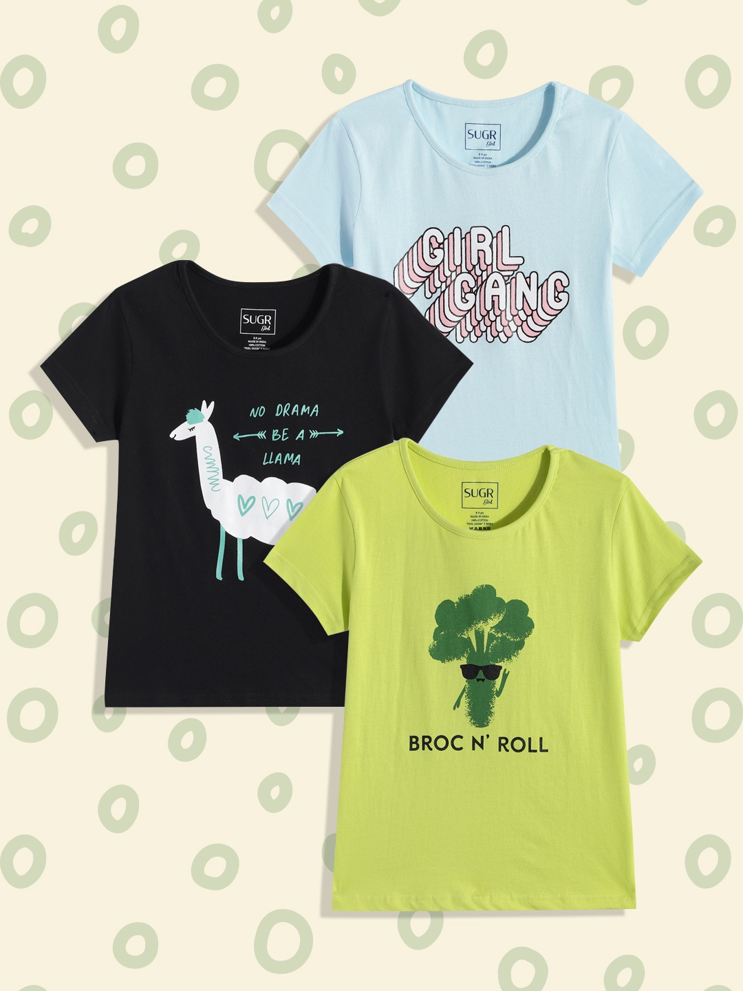 

SUGR Girl Assorted Pack of 3 Printed Pure Cotton T-shirts