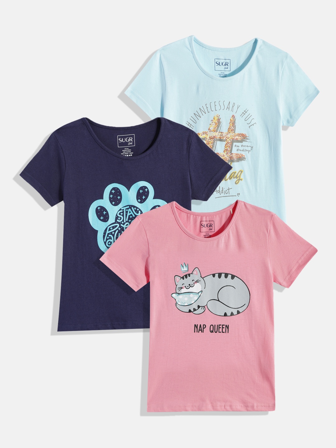 

SUGR Girl Assorted Pack of 3 Printed Pure Cotton T-shirts