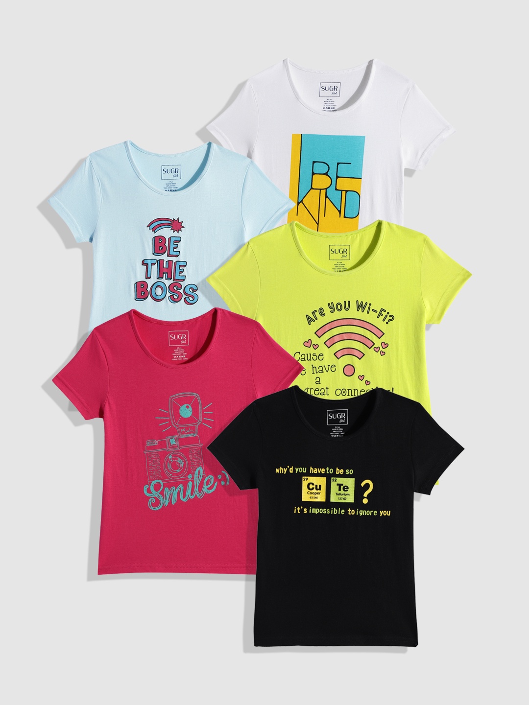 

SUGR Girl Assorted Pack of 5 Pure Cotton Printed T-shirts