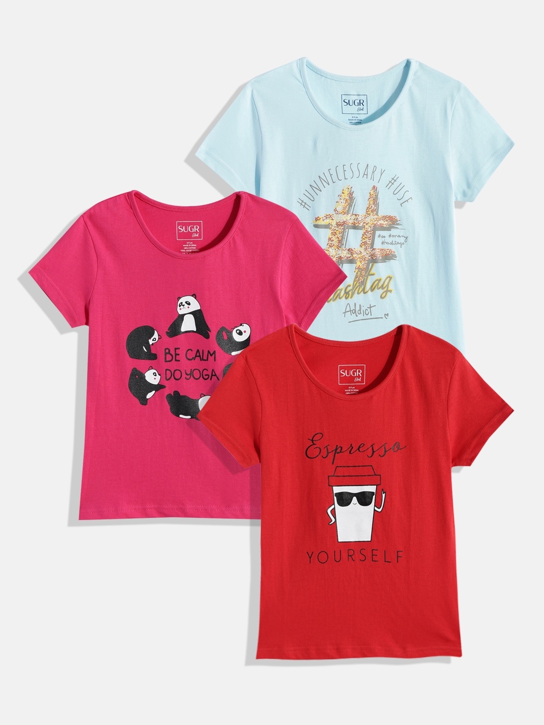 

SUGR Girl Assorted Pack of 3 Printed Pure Cotton T-shirts