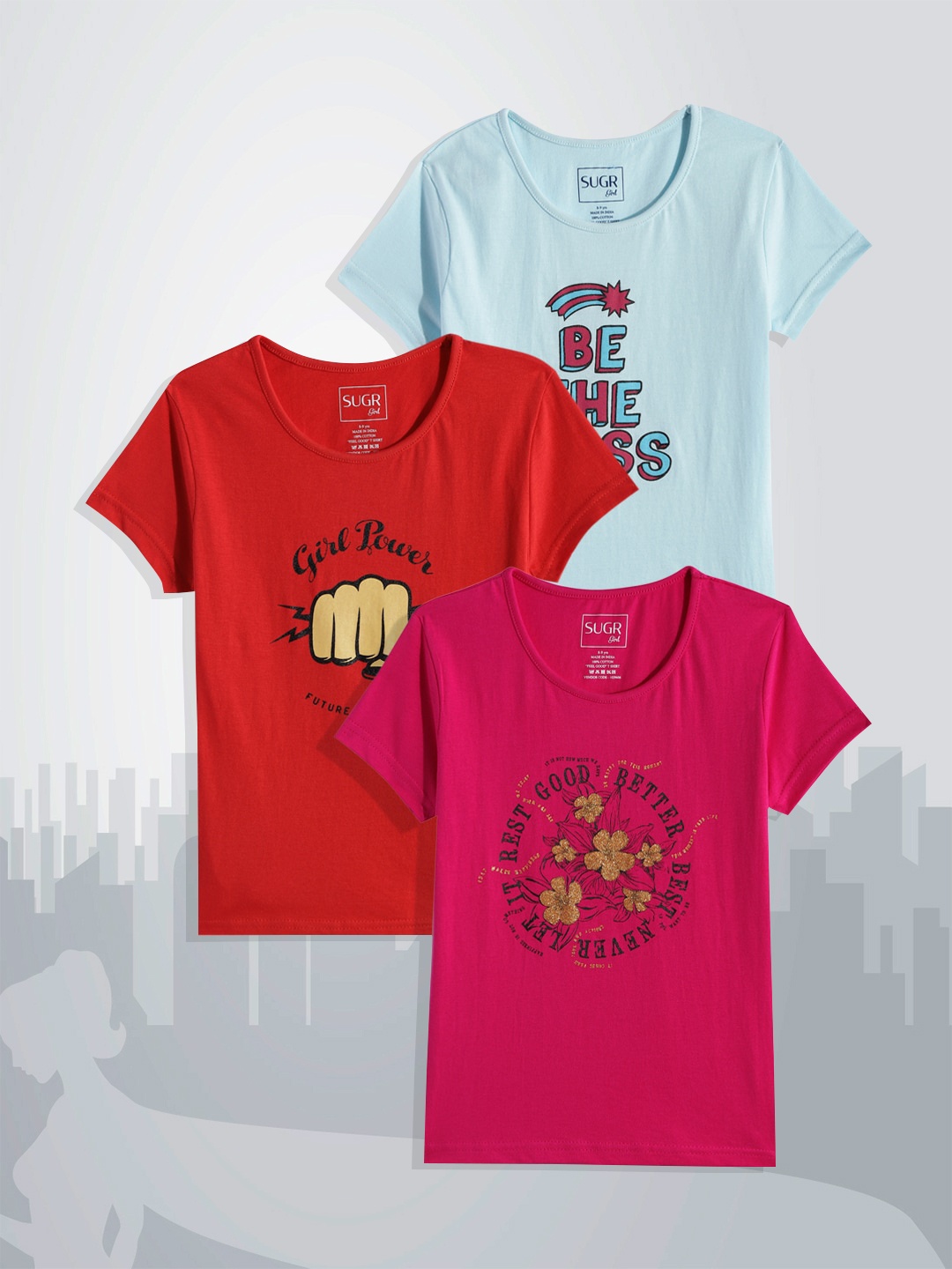 

SUGR Girl Assorted Pack of 3 Printed Pure Cotton T-shirts