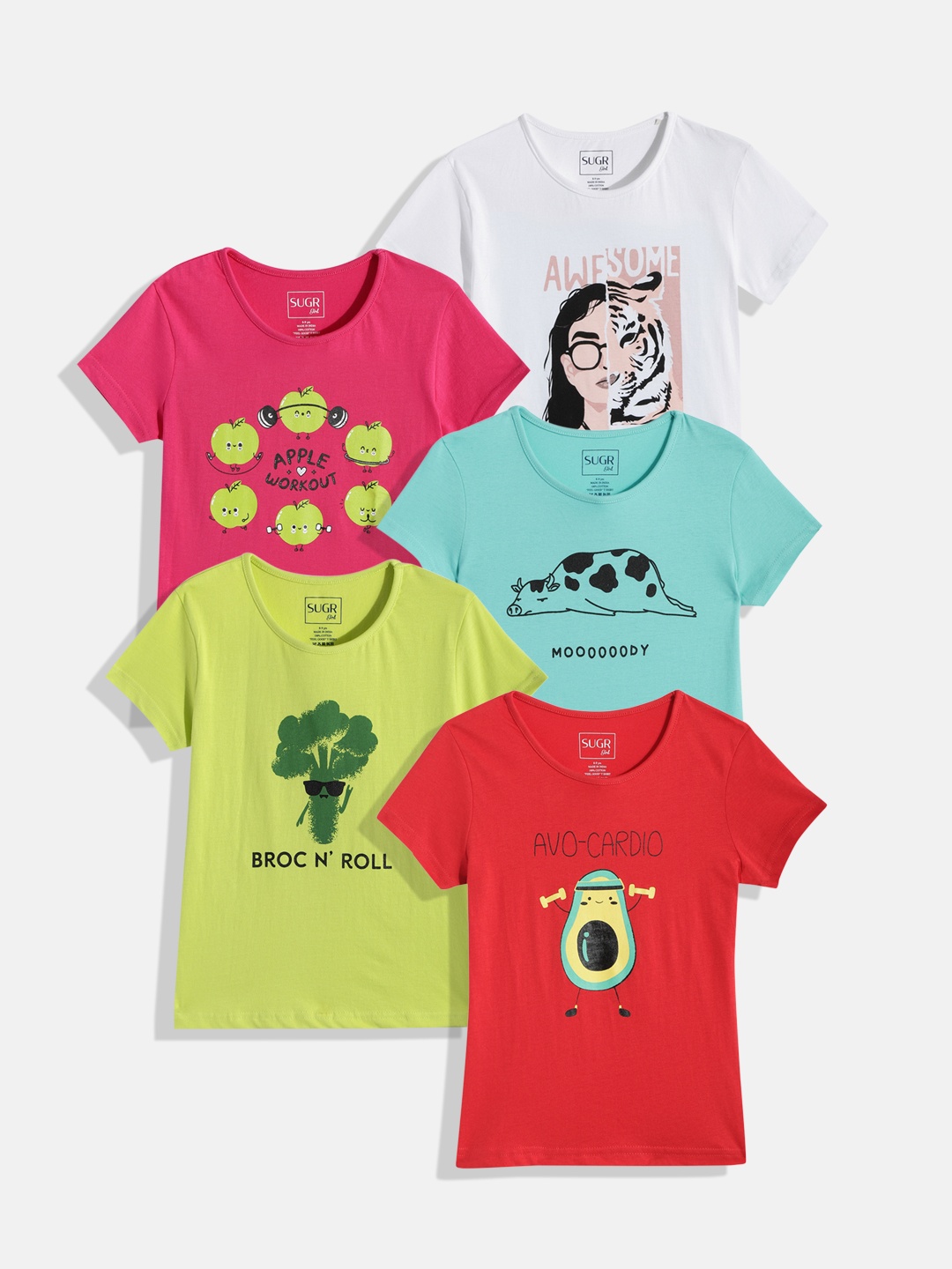 

SUGR Girl Assorted Pack of 5 Printed Pure Cotton T-shirts