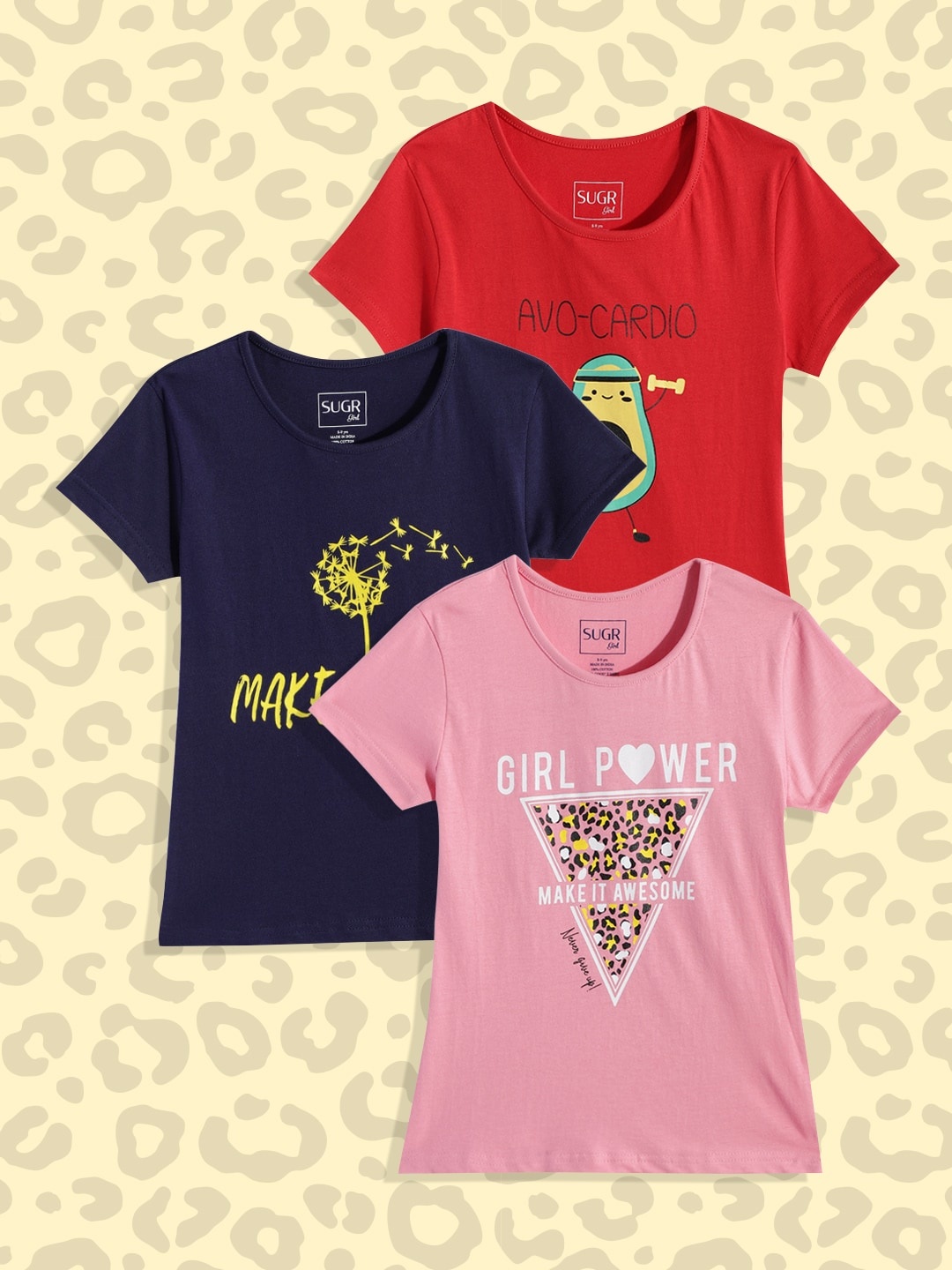 

SUGR Girl Pack of 3 Assorted Printed Pure Cotton T-shirts