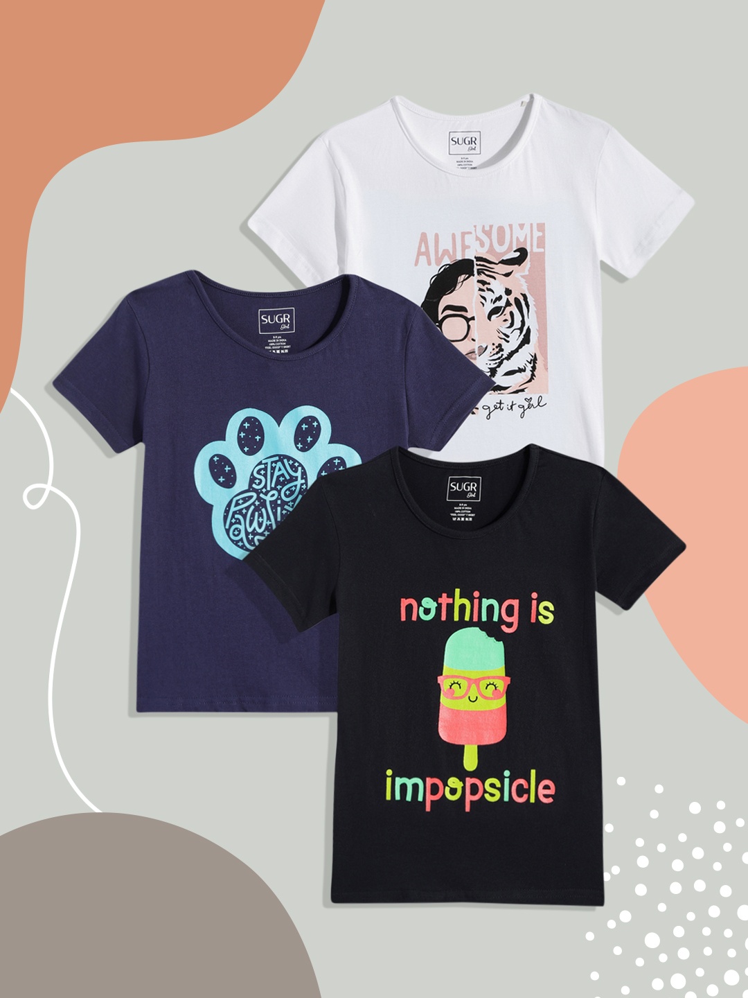 

SUGR Girl Assorted Pack of 3 Printed Pure Cotton T-shirts