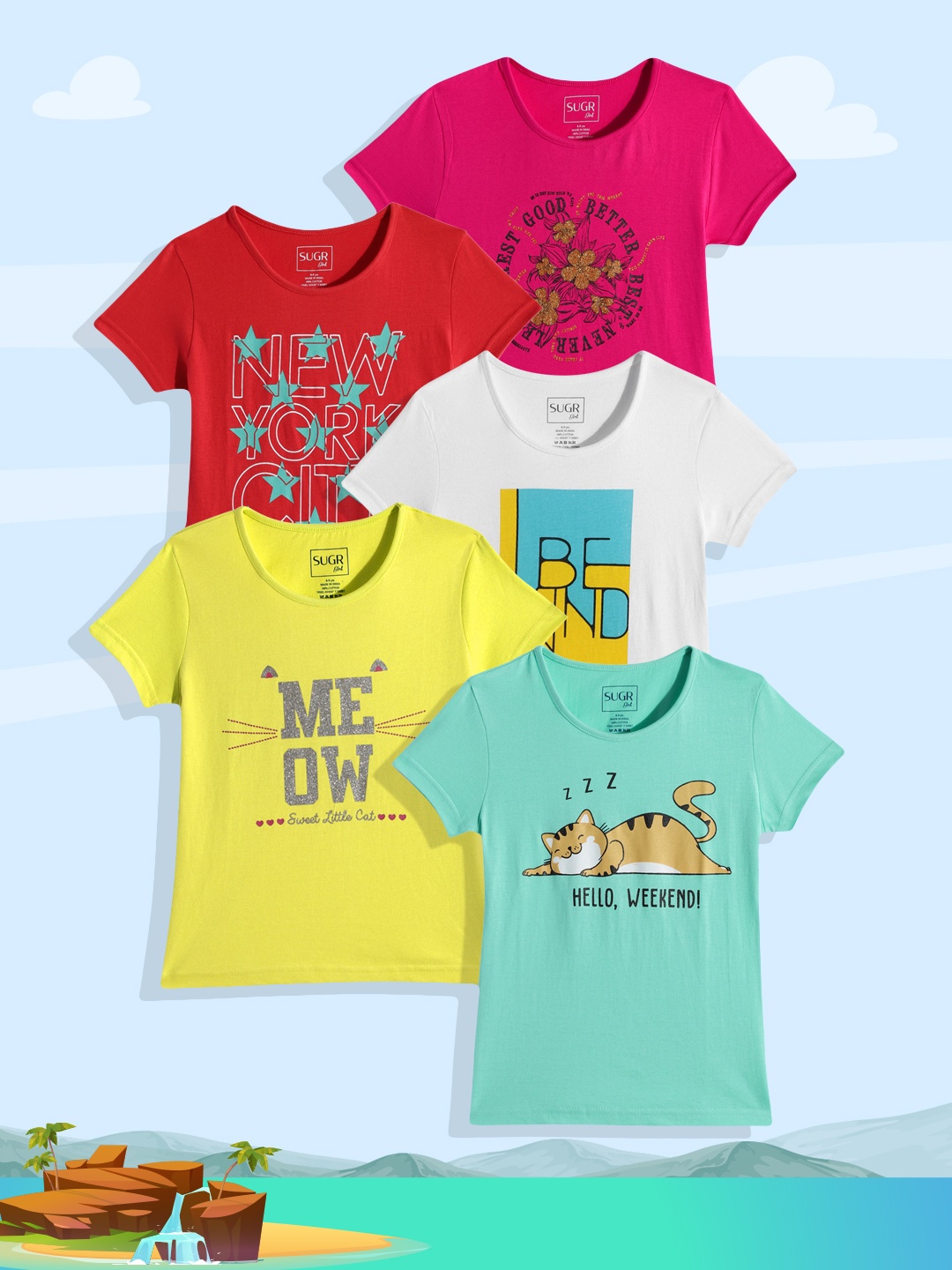 

SUGR Girl Assorted Pack of 5 Pure Cotton Printed T-shirt