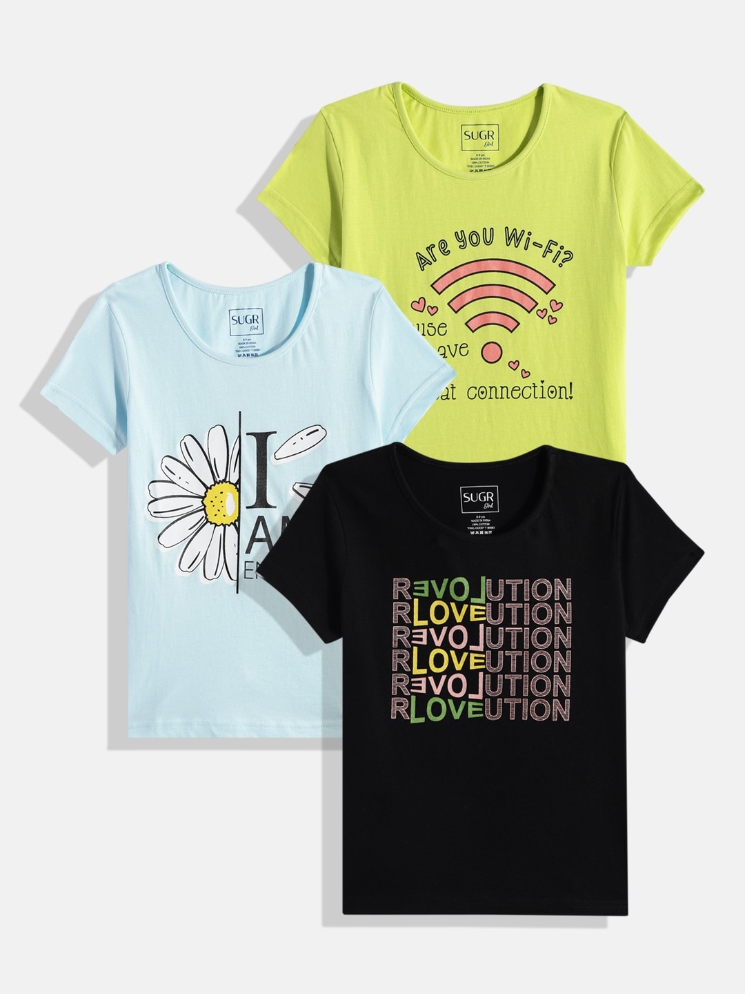 

SUGR Girl Assorted Pack of 3 Printed Pure Cotton T-shirts