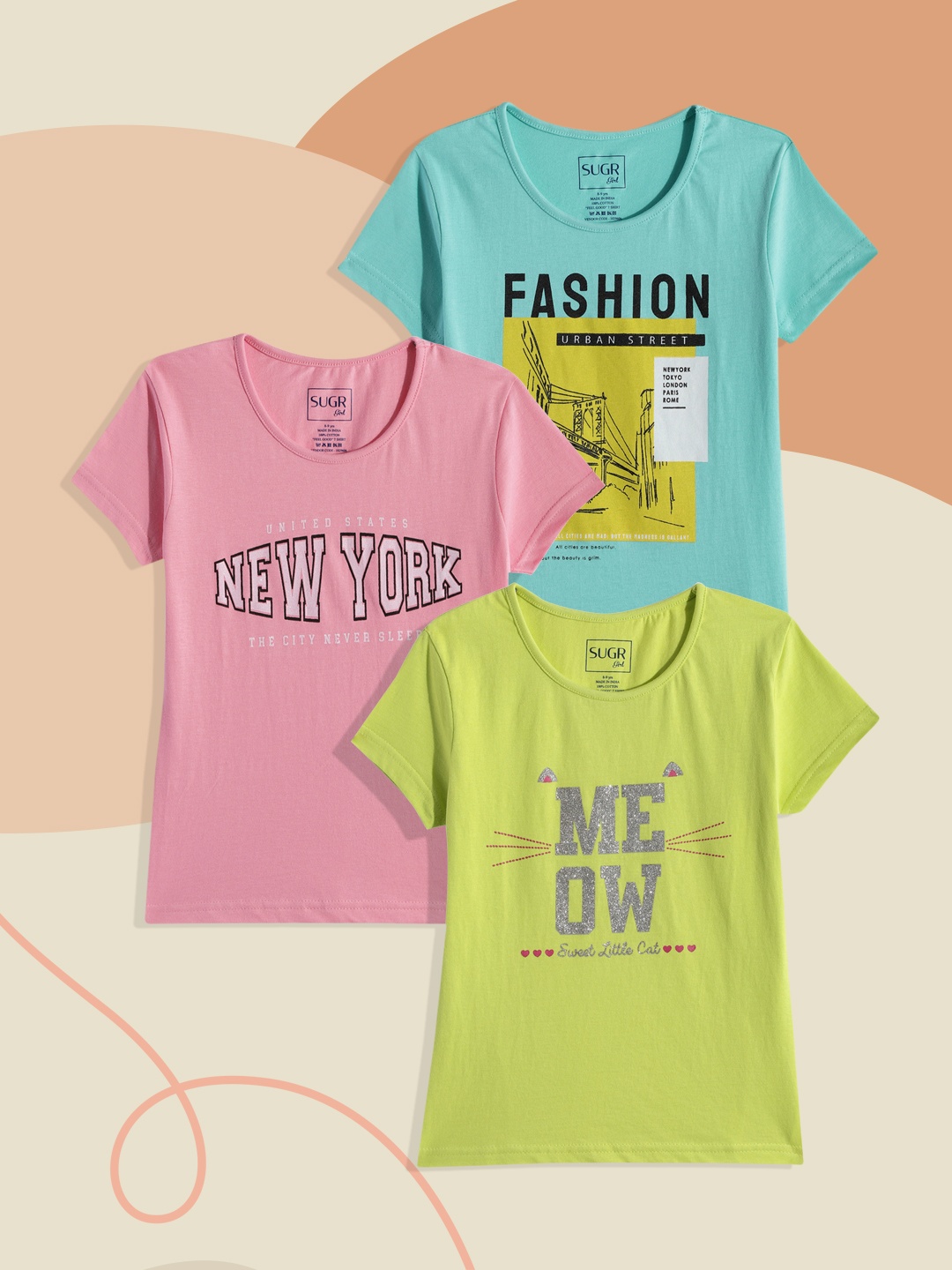 

SUGR Girl Assorted Pack of 3 Printed Pure Cotton T-shirts