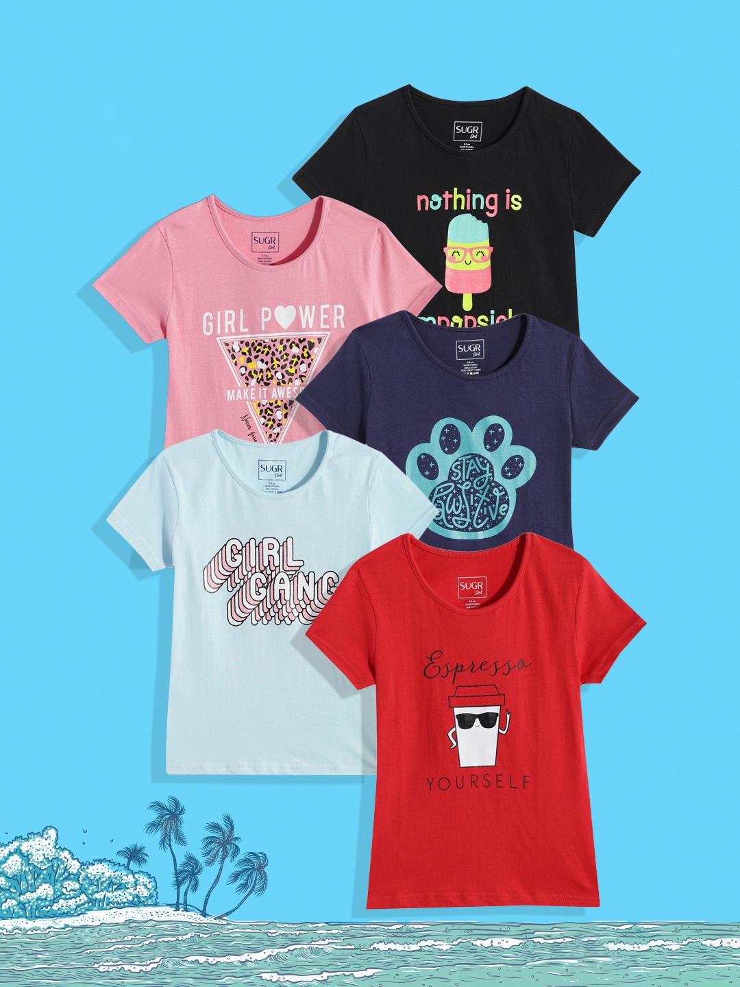 SUGR Girl Assorted Pack of 5 Printed Pure Cotton T-shirts