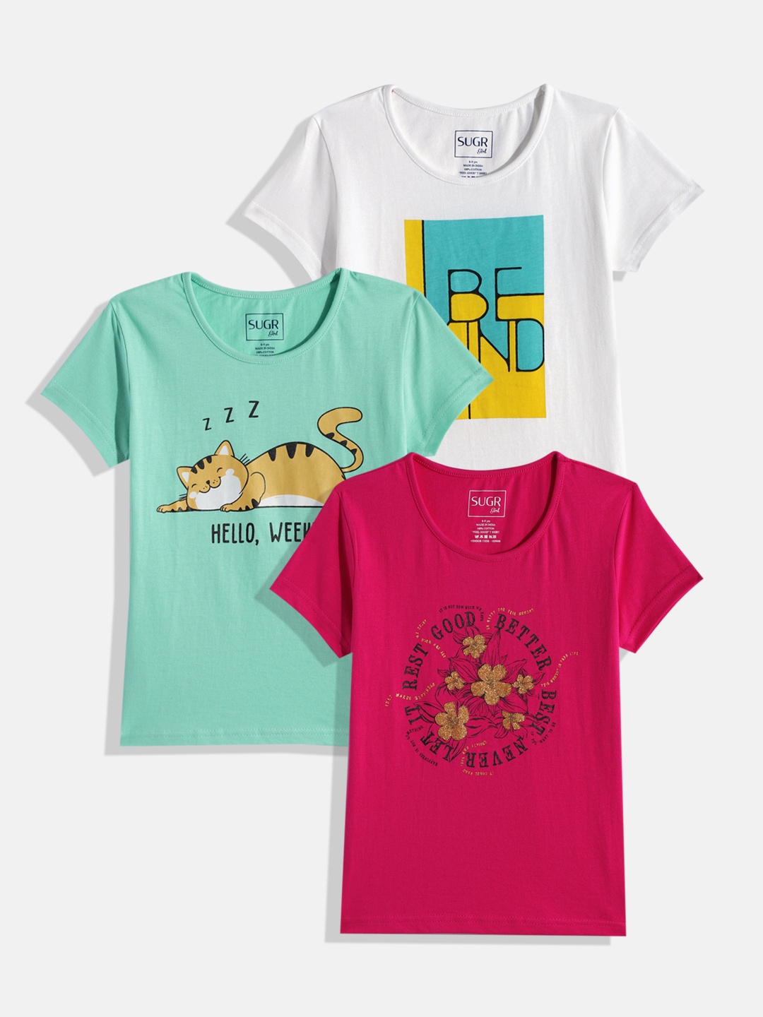 

SUGR Girl Assorted Pack of 3 Printed Pure Cotton T-shirts