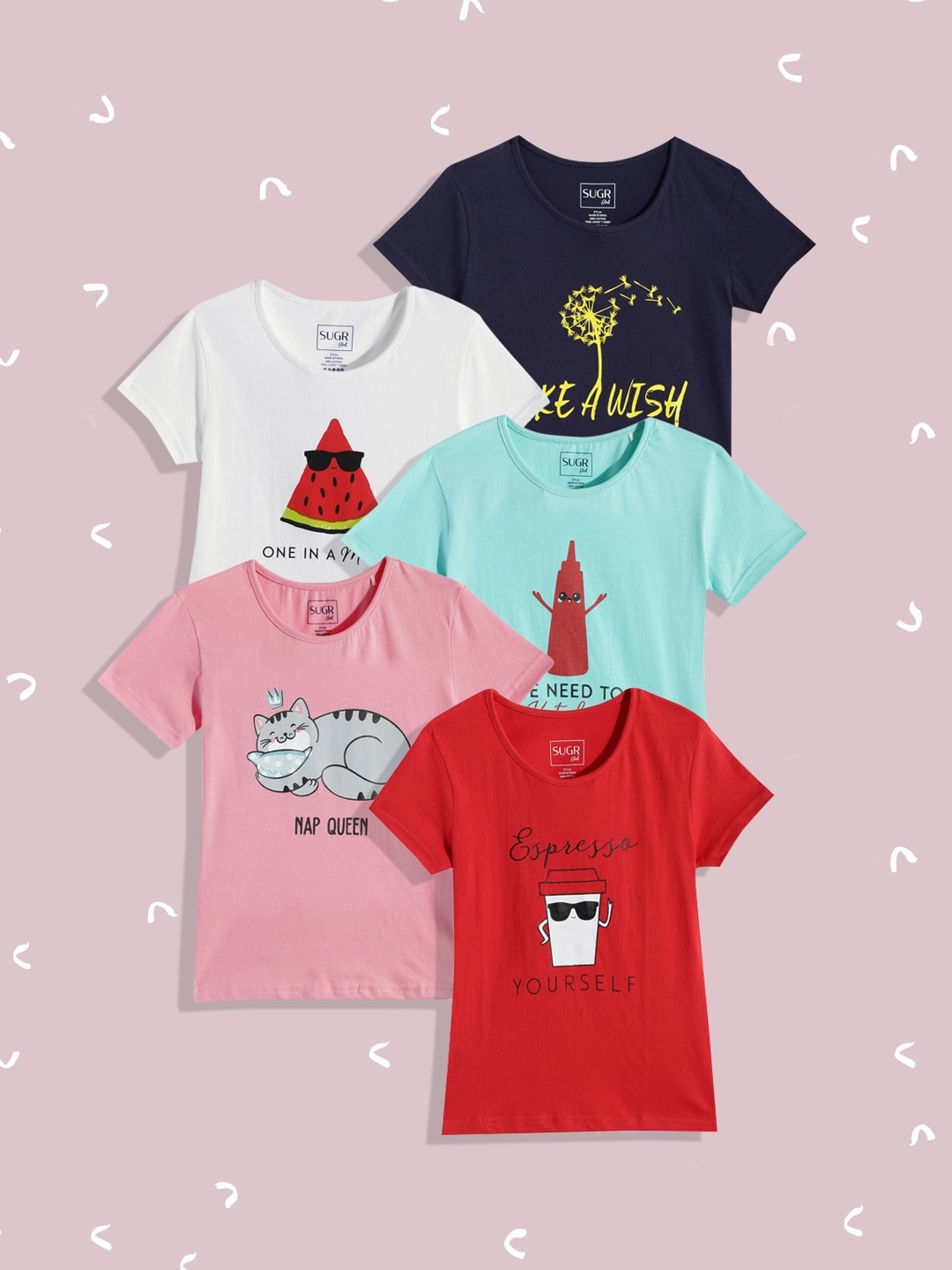 

SUGR Girl Assorted Pack of 5 Printed Pure Cotton T-shirts