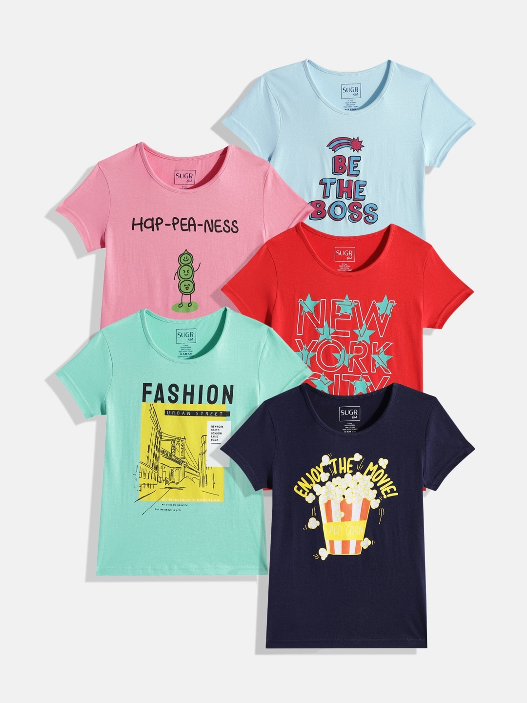 

SUGR Girl Girls Assorted Set Of 5 Typography Print Pure Cotton Feel Good Regular Tops