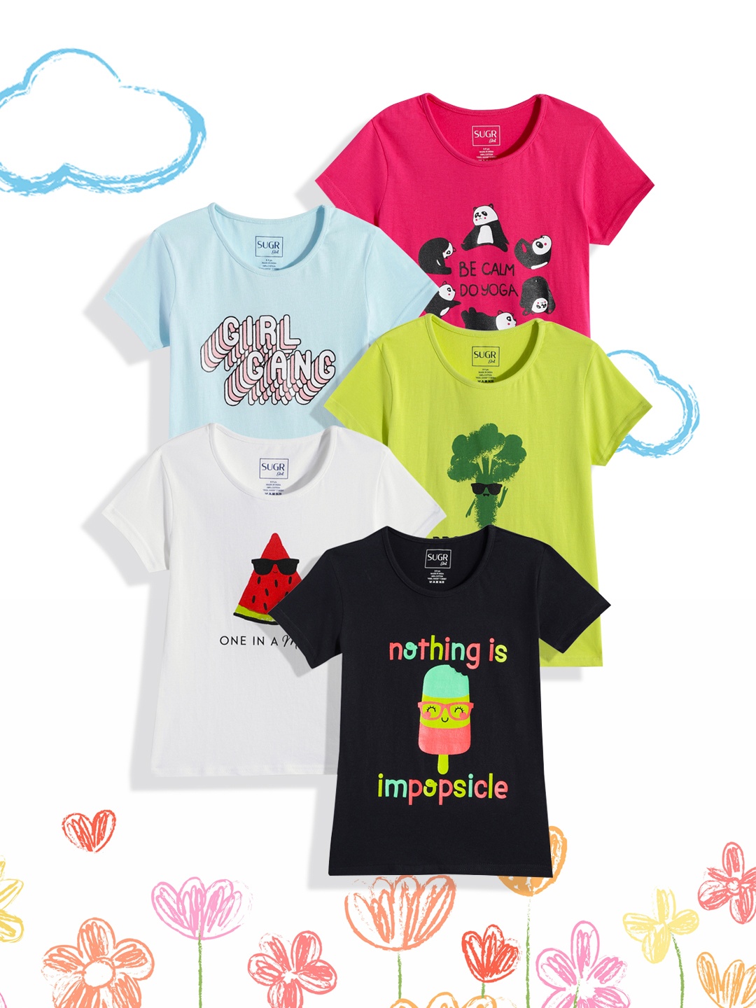 

SUGR Girl Assorted Pack of 5 Printed Pure Cotton T-shirts