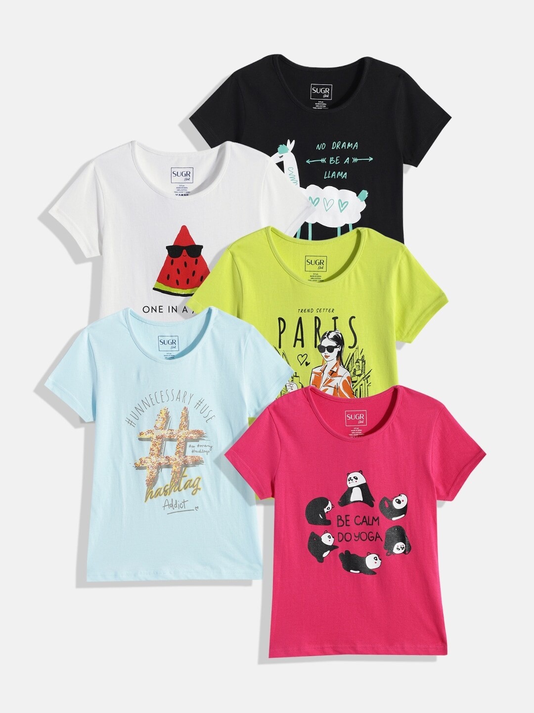 

SUGR Girl Pack of 5 Assorted Printed Pure Cotton T-shirts