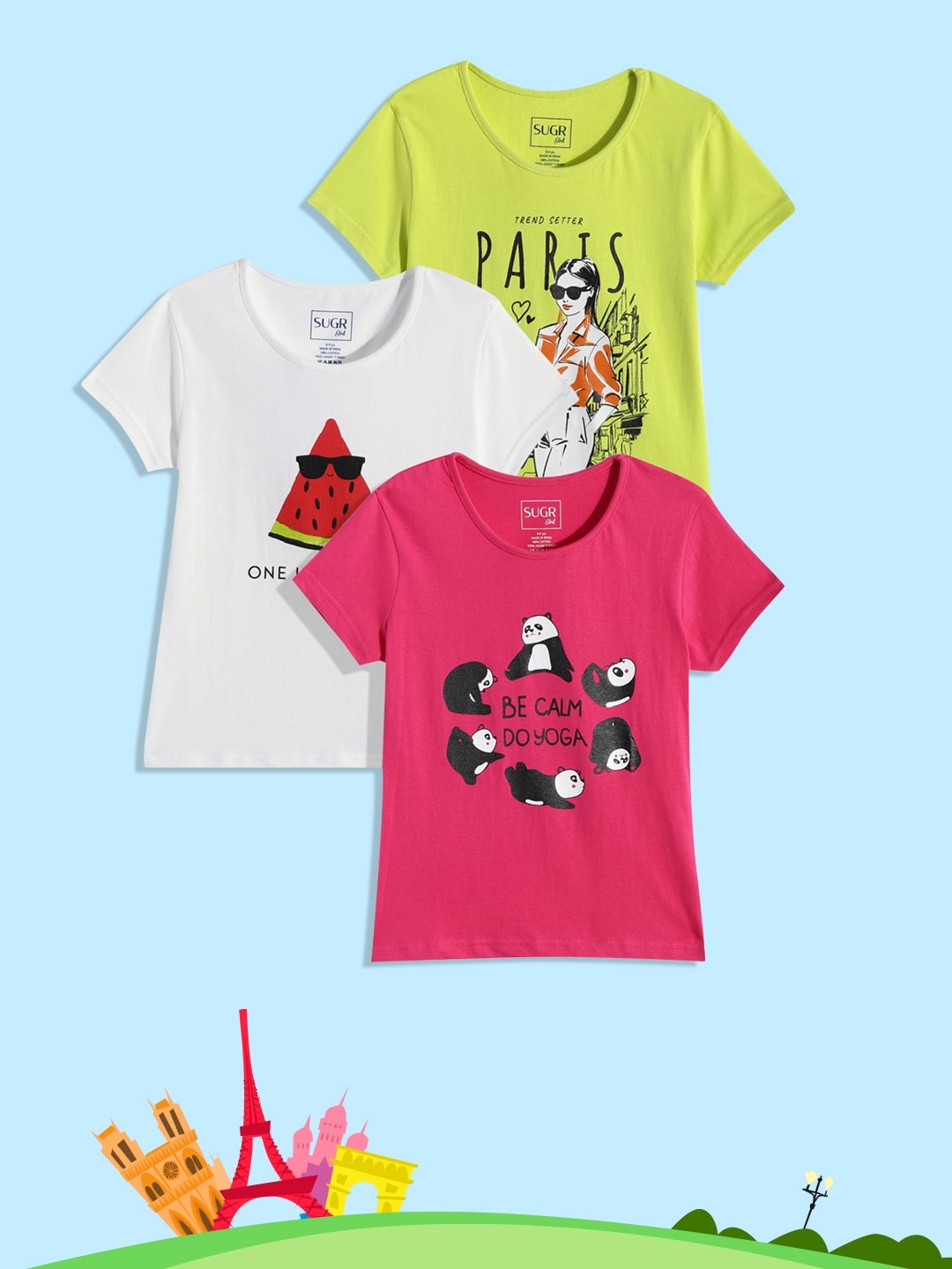 

SUGR Girl Assorted Pack of 3 Printed Pure Cotton T-shirts