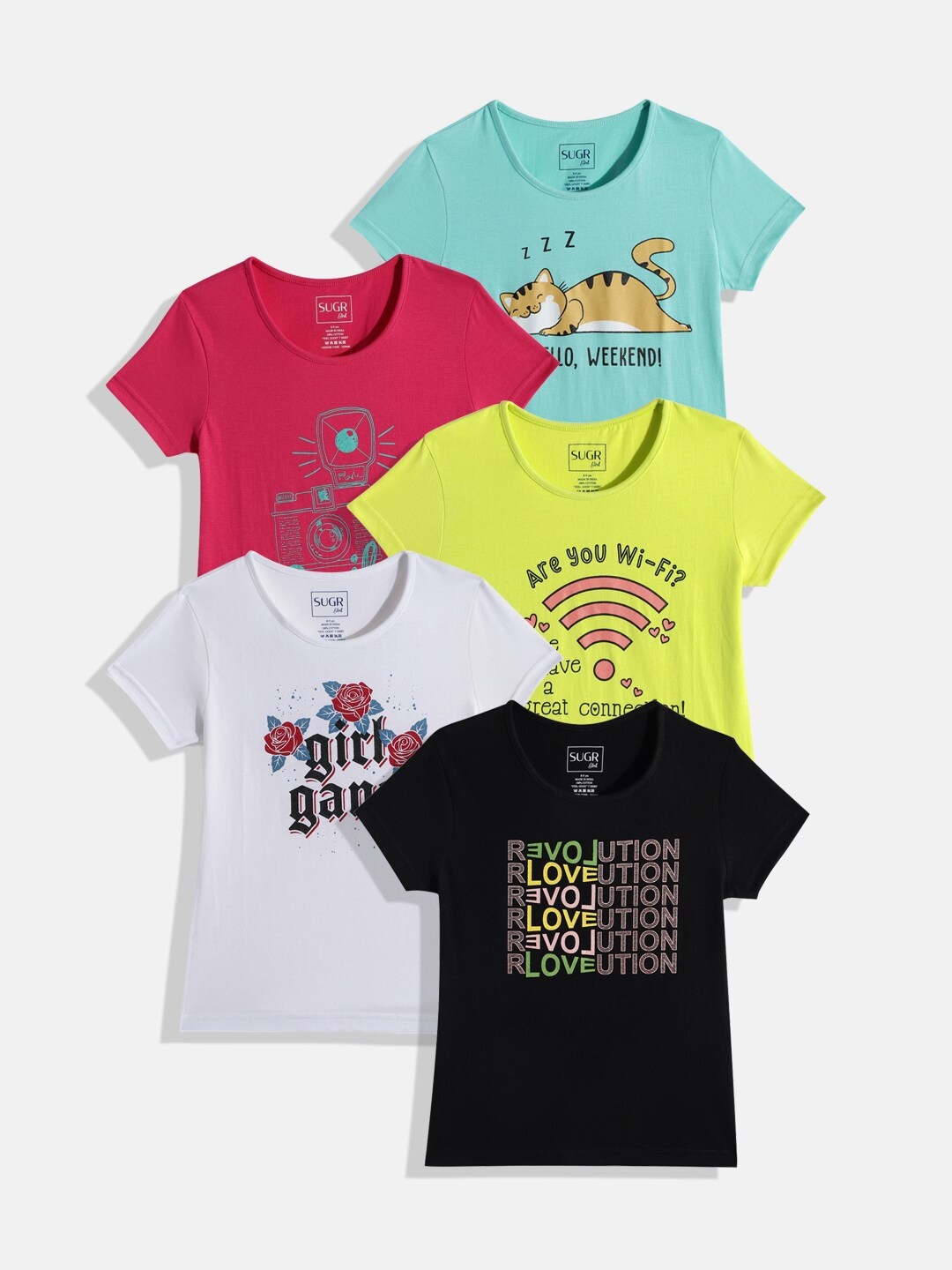 

SUGR Girl Girls Assorted Set Of 5 Typography Print Pure Cotton Feel Good Regular Tops