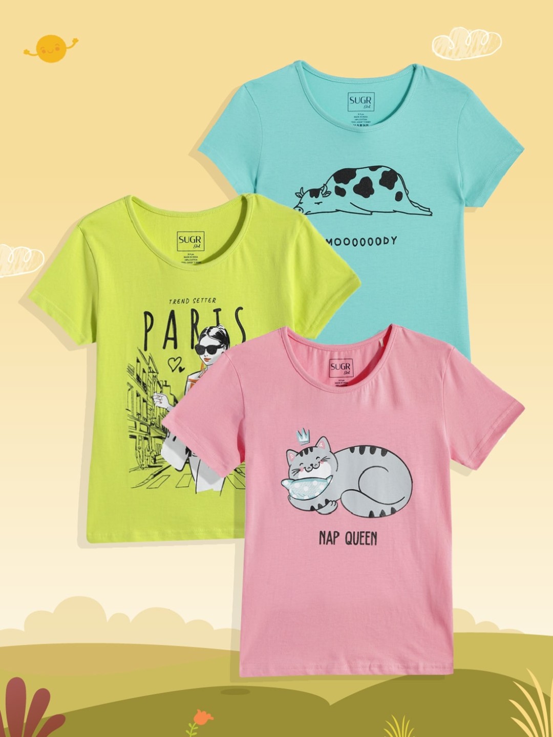 

SUGR Girl Pack of 3 Assorted Printed Pure Cotton T-shirts