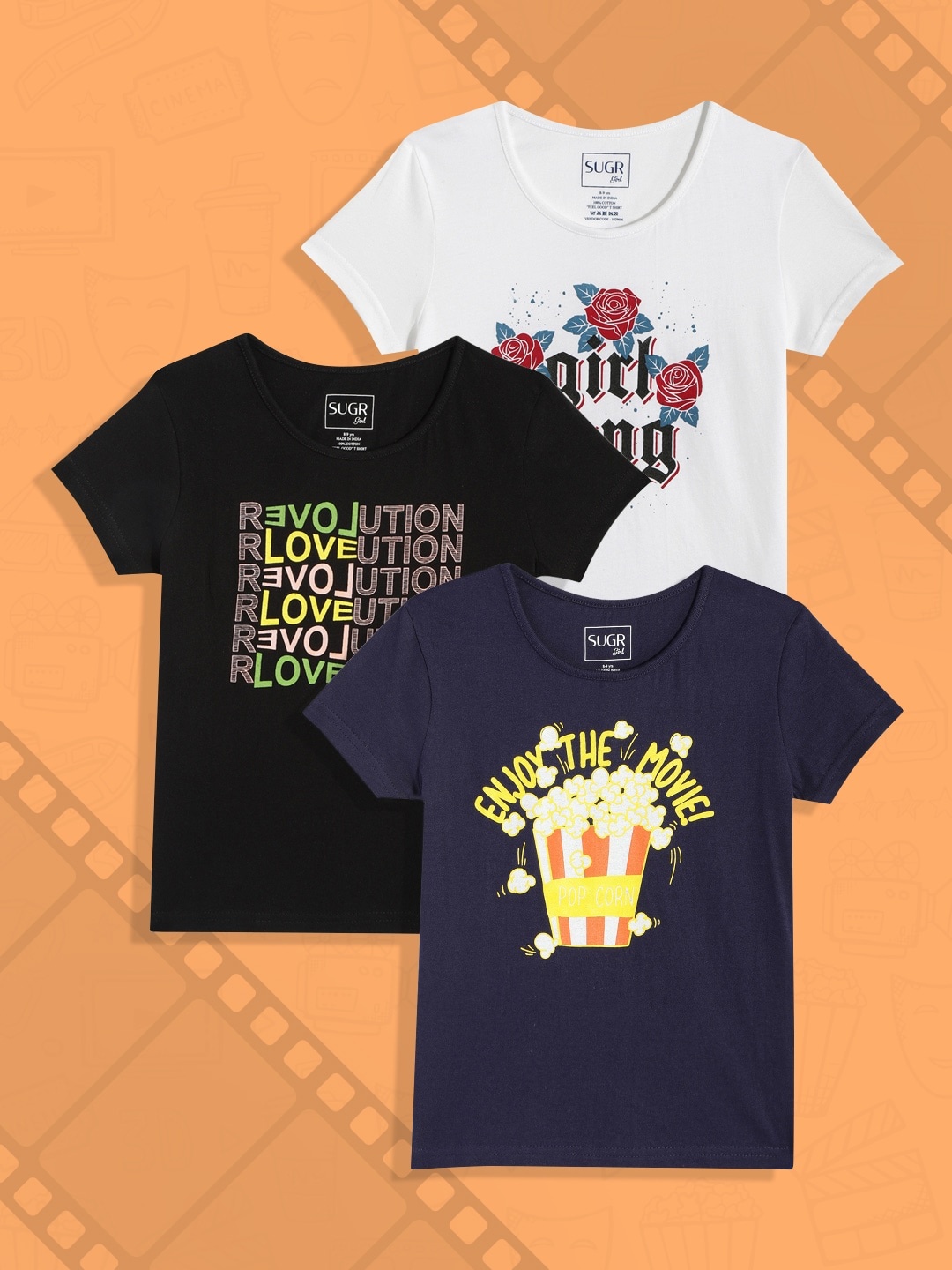 

SUGR Girl Girls Assorted Pack of 3 Printed Pure Cotton T-shirts