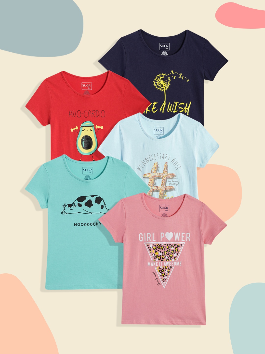 

SUGR Girl Pack of 5 Assorted Printed Pure Cotton T-shirts