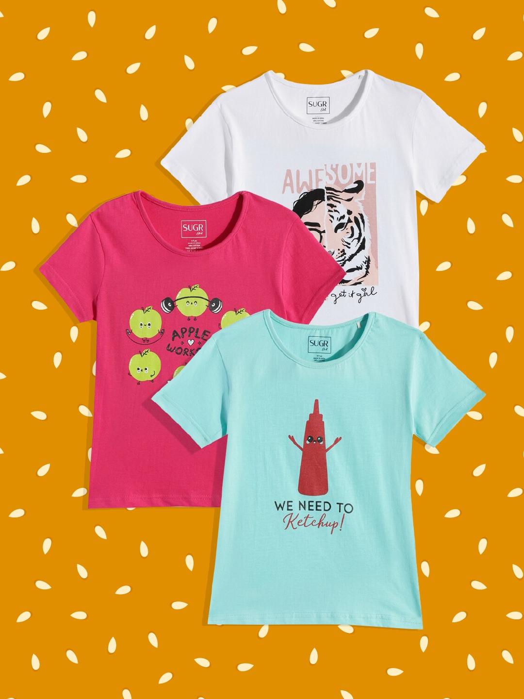 

SUGR Girl Assorted Pack of 3 Printed Pure Cotton T-shirts