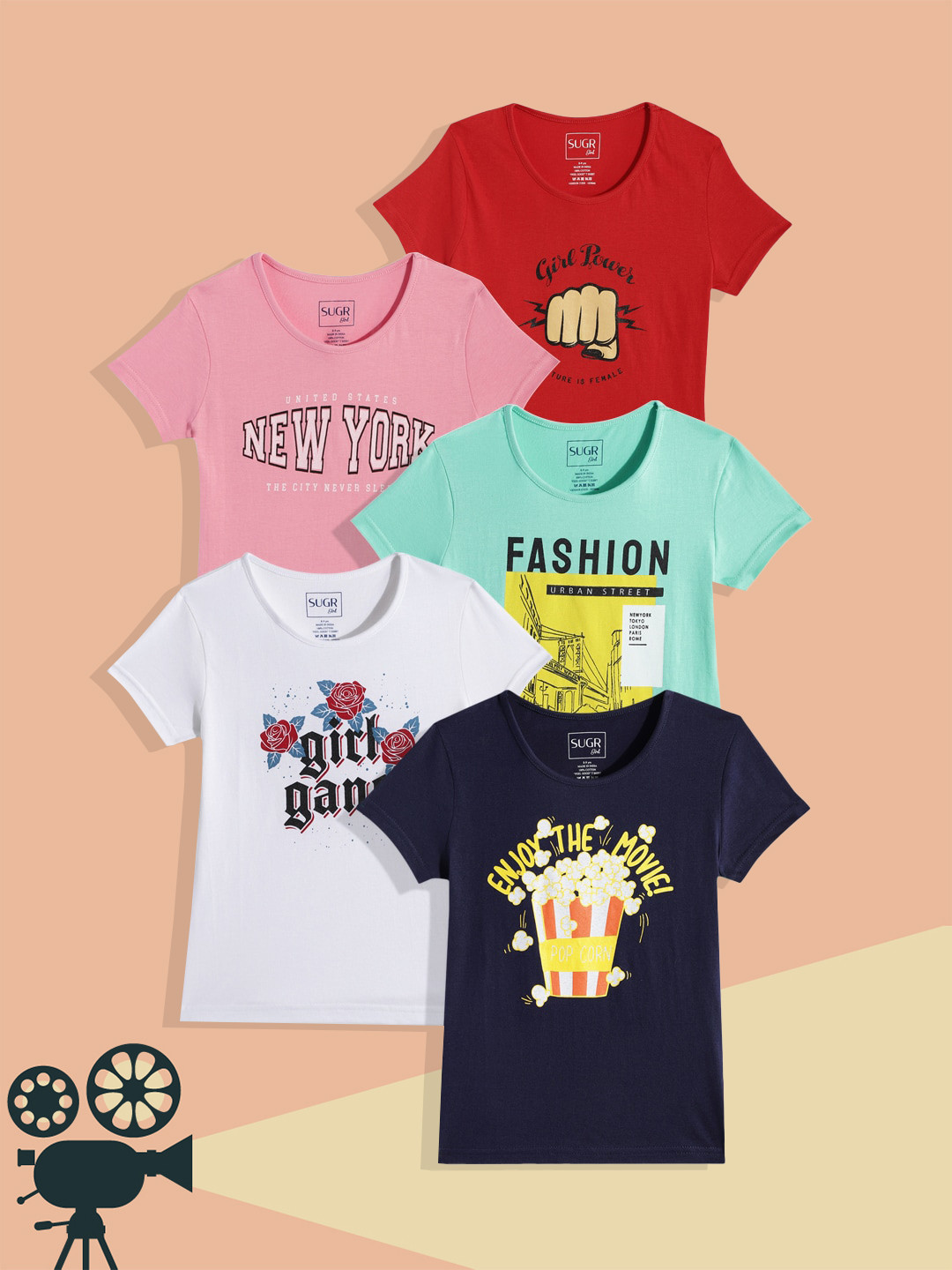 

SUGR Girl Assorted Pack of 5 Pure Cotton Printed T-shirts