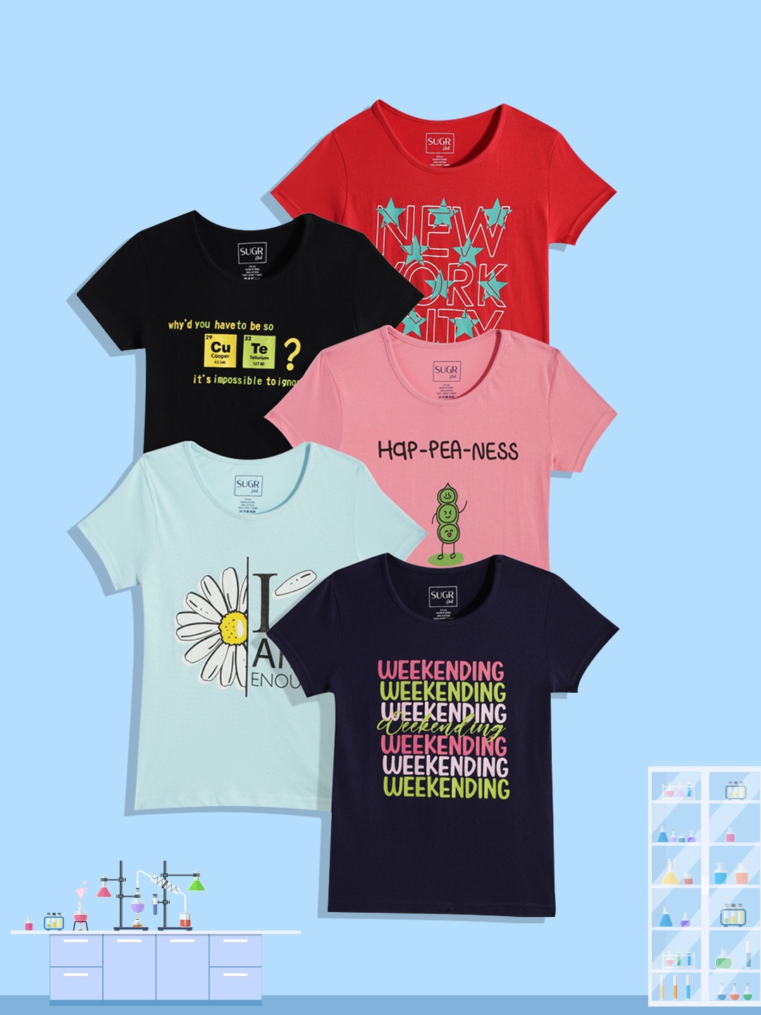 

SUGR Girl Girls Assorted Set Of 5 Typography Print Pure Cotton Feel Good Regular Tops