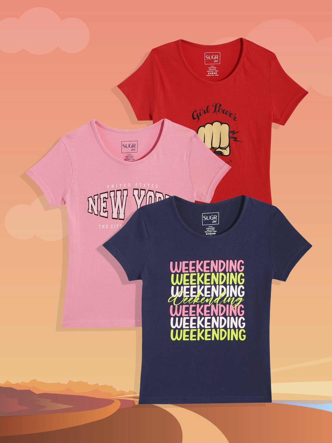 

SUGR Girl Girls Assorted Pack of 3 Printed Pure Cotton T-shirts
