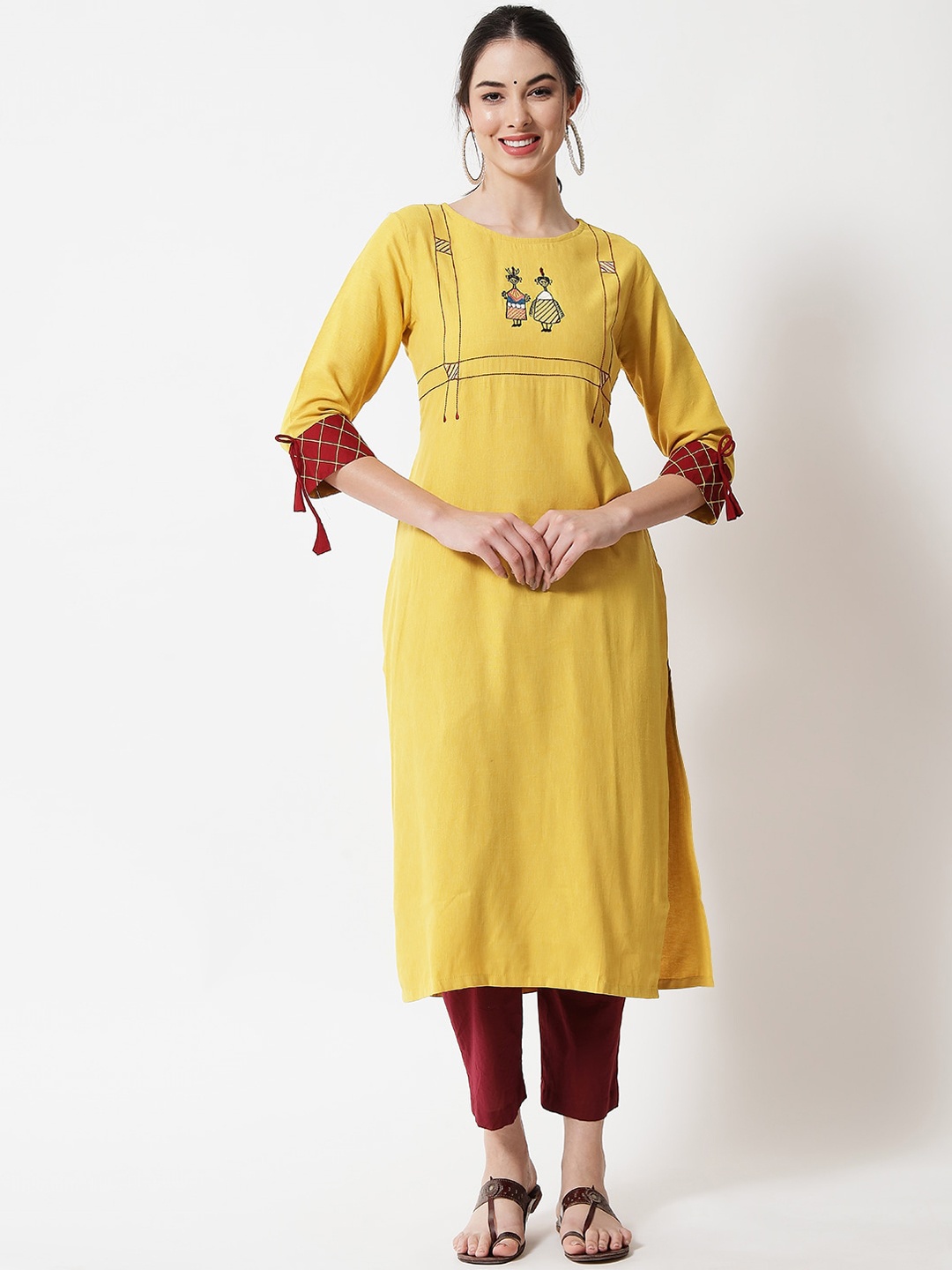 

Sitaram Designer Women Yellow Floral Yoke Design Flared Sleeves Thread Work Kurta