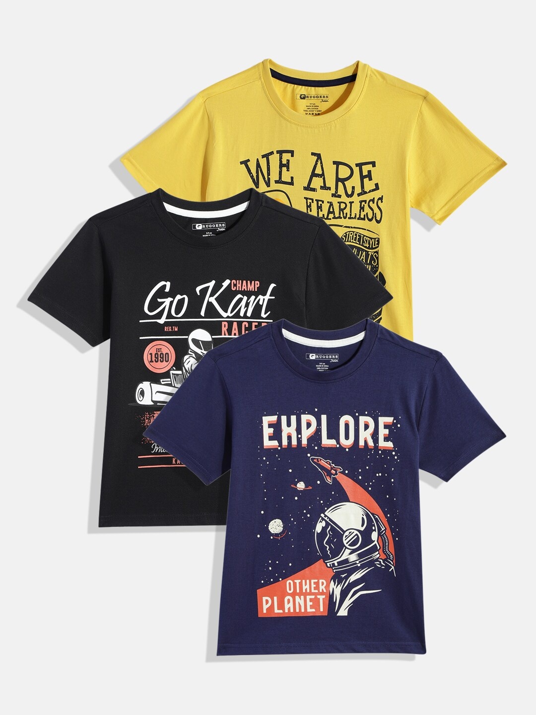 

Ruggers Junior Boys Pack Of 3 Printed Pure Cotton T-shirt, Black