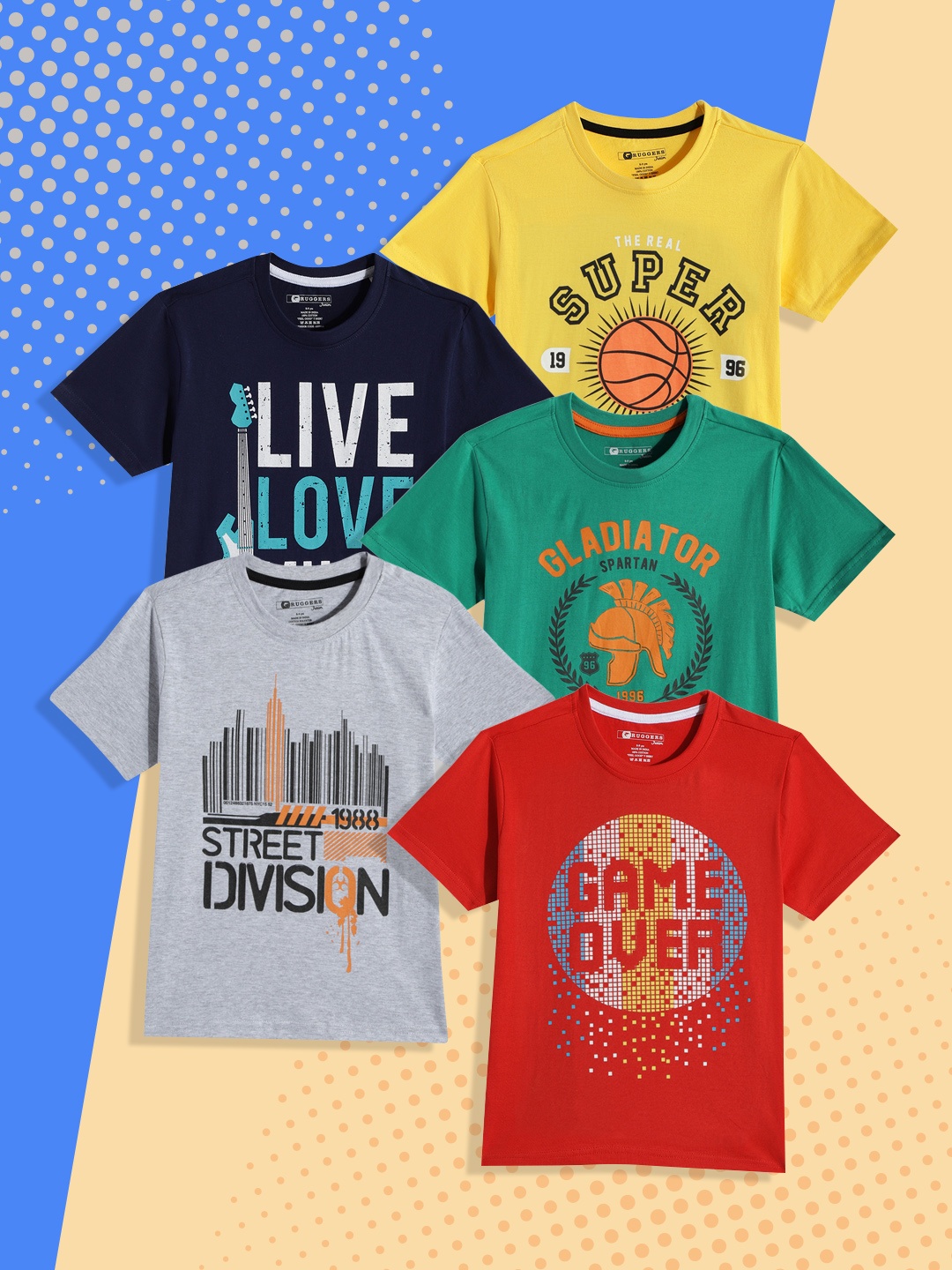 

Ruggers Junior Boys Pack Of 5 Typography Printed T-shirt, Multi