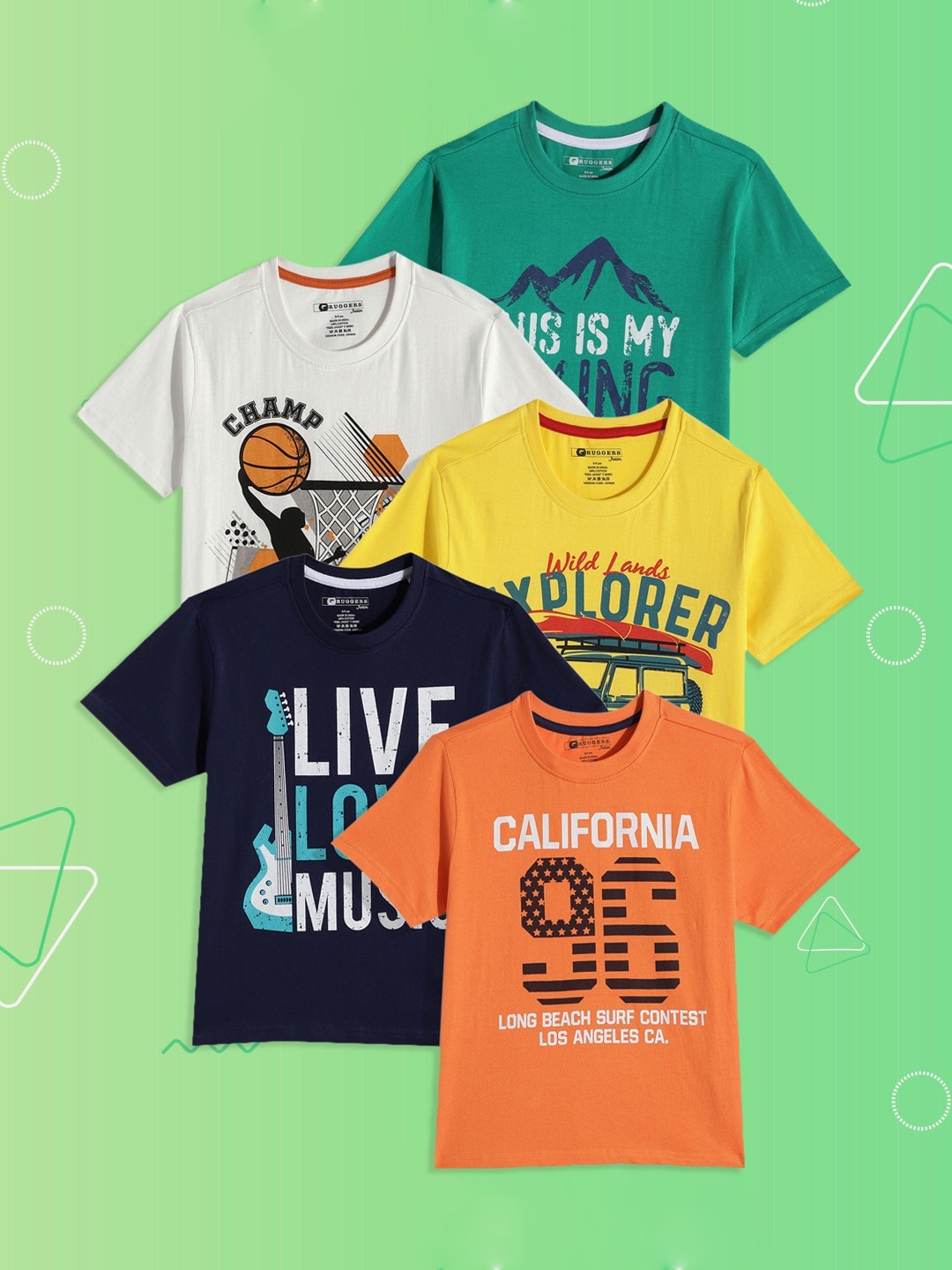 

Ruggers Junior Boys Pack Of 5 Typography Printed Pure Cotton T-shirt, Multi
