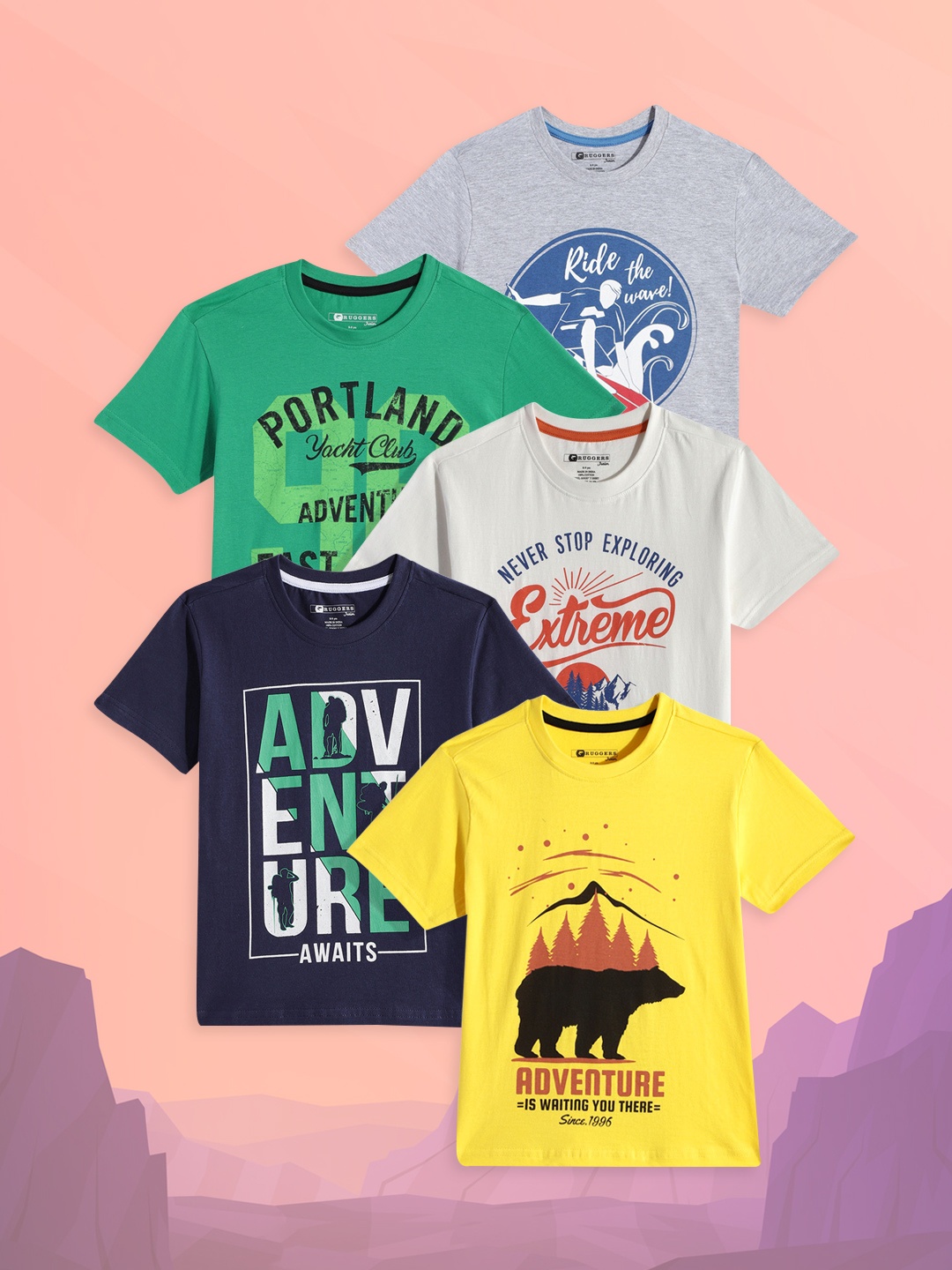 

Ruggers Junior Boys Pack Of 5 Typography Printed Pure Cotton T-shirt, Multi