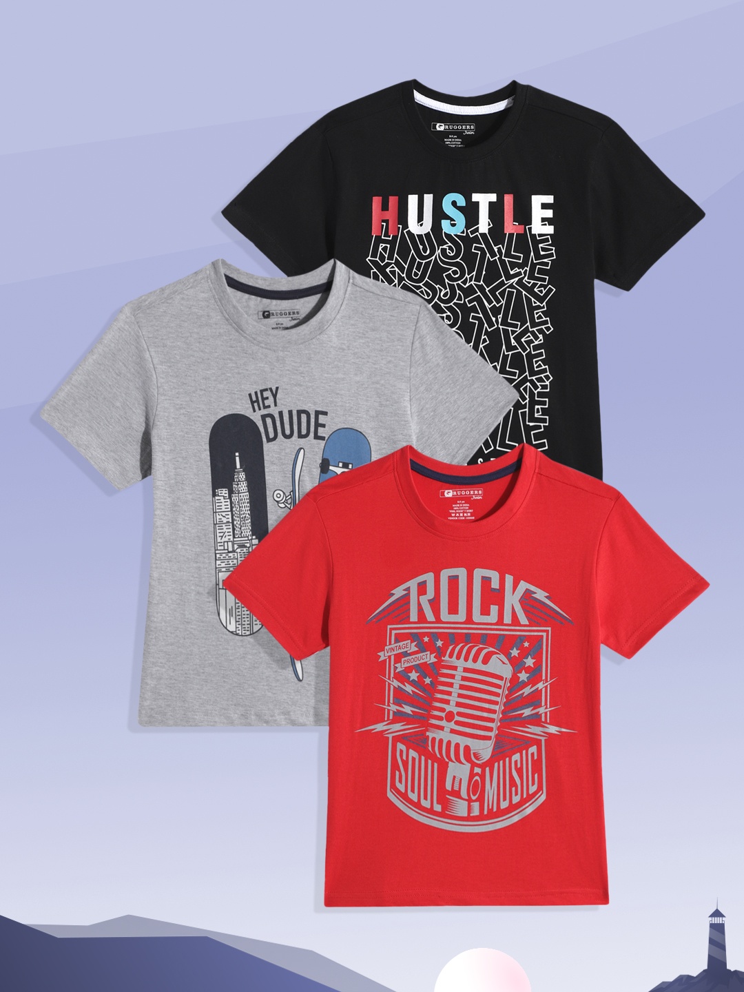 

Ruggers Junior Boys Pack of 3 Printed Pure Cotton T-shirts, Red
