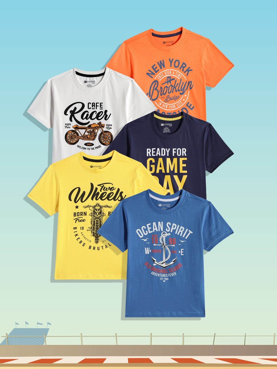

Ruggers Junior Boys Pack Of 5 Typography 5 Printed Pure Cotton T-shirt, Multi