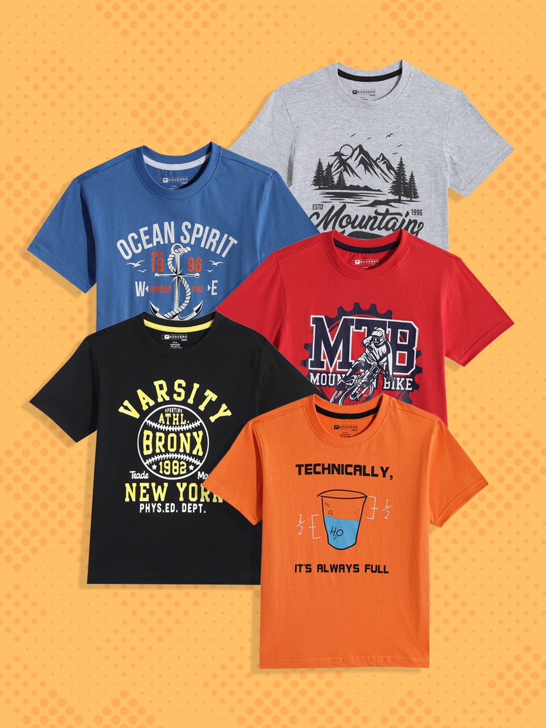 

Ruggers Junior Boys Pack Of 5 Typography Printed T-shirts, Grey melange